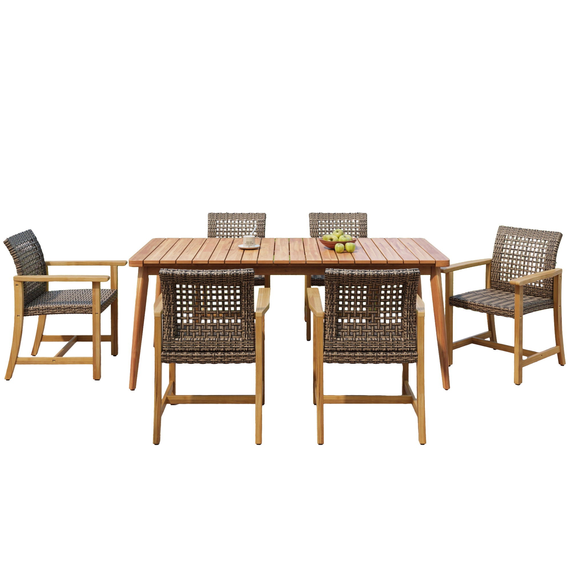 7 Piece Patio Dining Set, Slatted Table & 6 Chairs For Patio Garden - Mocha / Teak