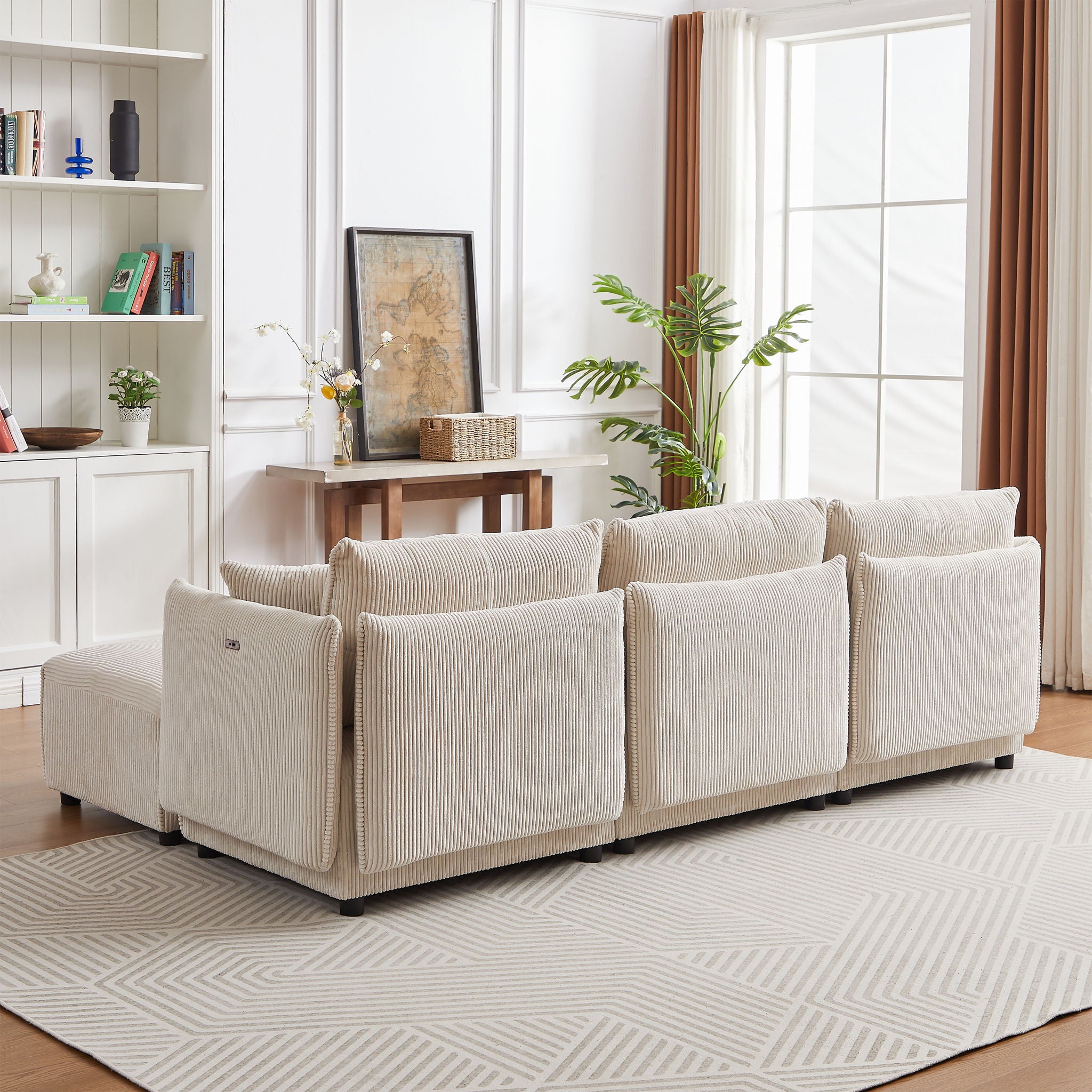Modern Minimalist Corduroy Combination Sofa With 2 Comfort Cushions With USB & C Charging Ports