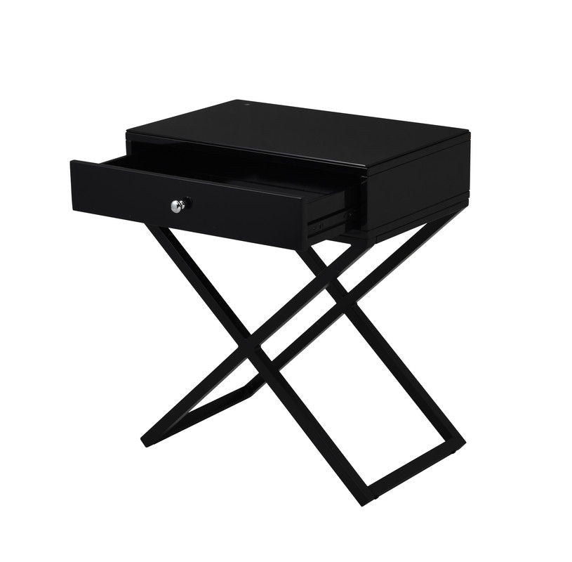 Koda 23"W Black Wooden End Side Table Nightstand with Glass Top, Drawer and Metal Cross Base