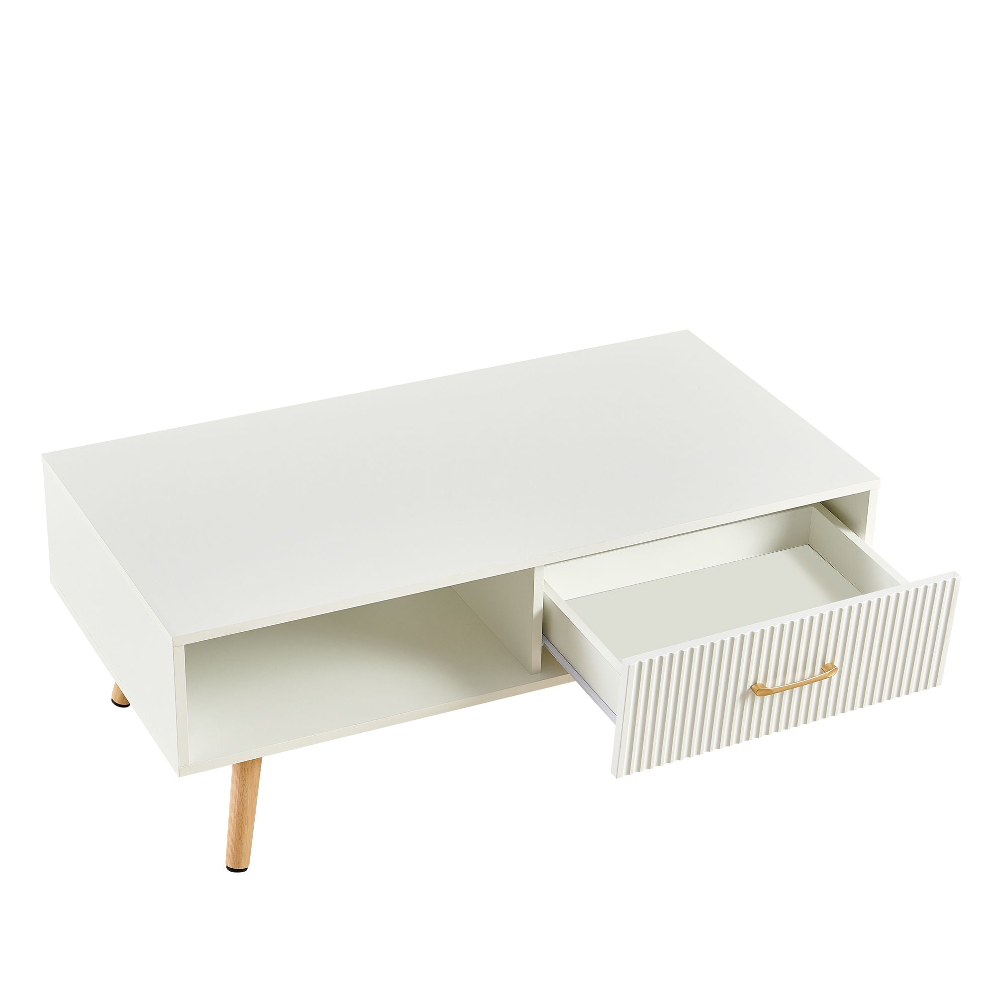 Modern Rectangle Coffee Table With Legs, Sliding Drawer For Storage - White