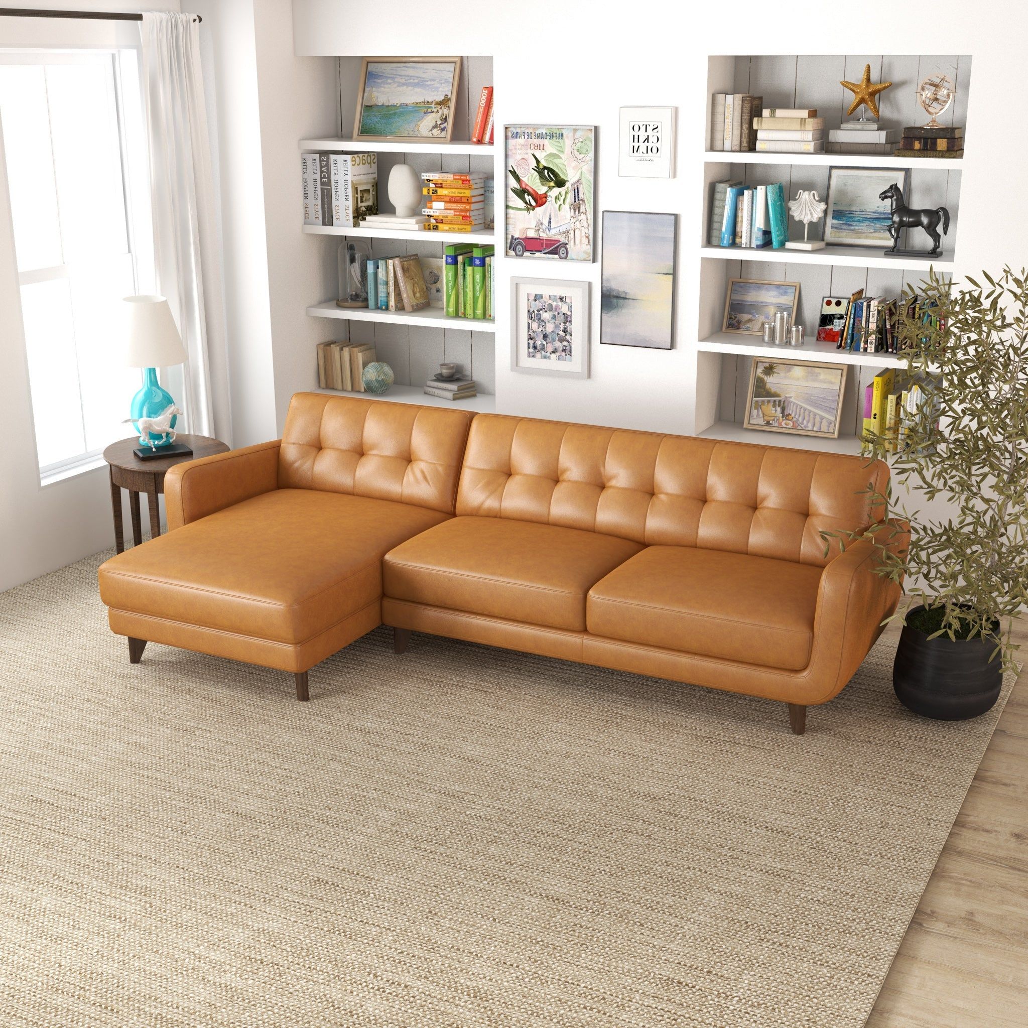 Allison - Mid-Century Modern Leather Sectional Sofa Chaise