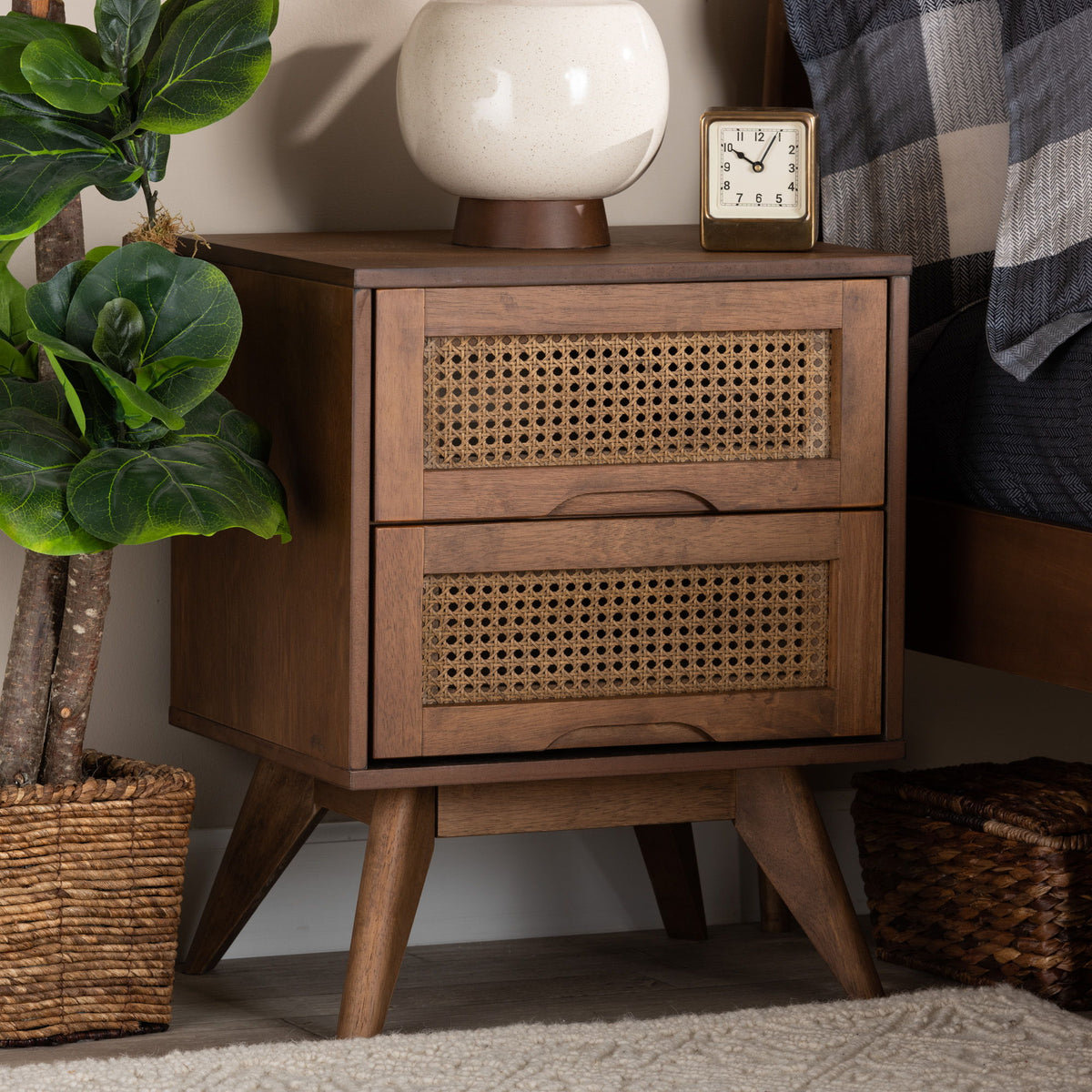 Barrett Mid-Century Modern Walnut Brown Finished Wood and Synthetic Rattan 2-Drawer Nightstand