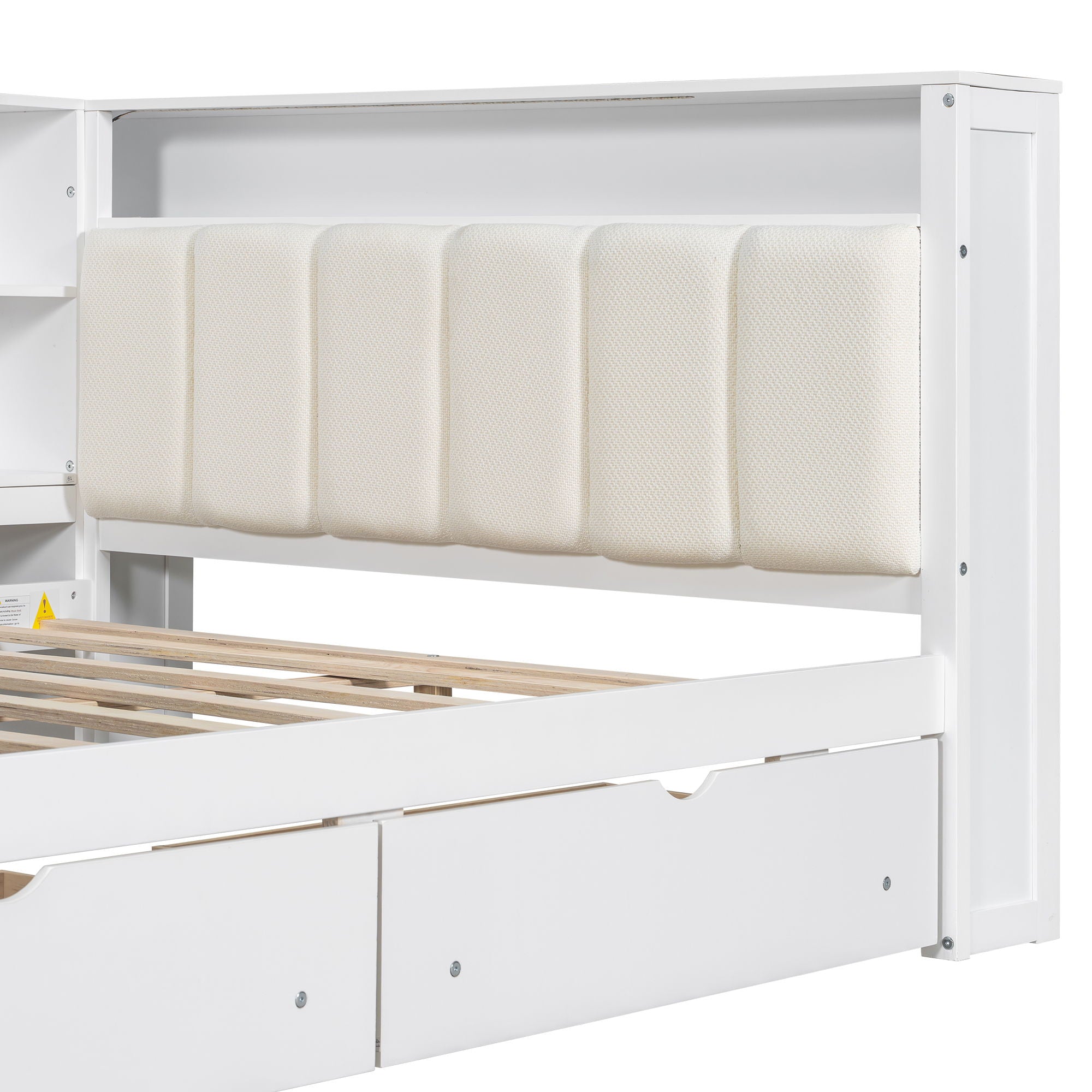 Platform Bed With Upholstered Headboard, Storage Shelves, Drawers, Charging Station, LED Lighting, Built In Desk
