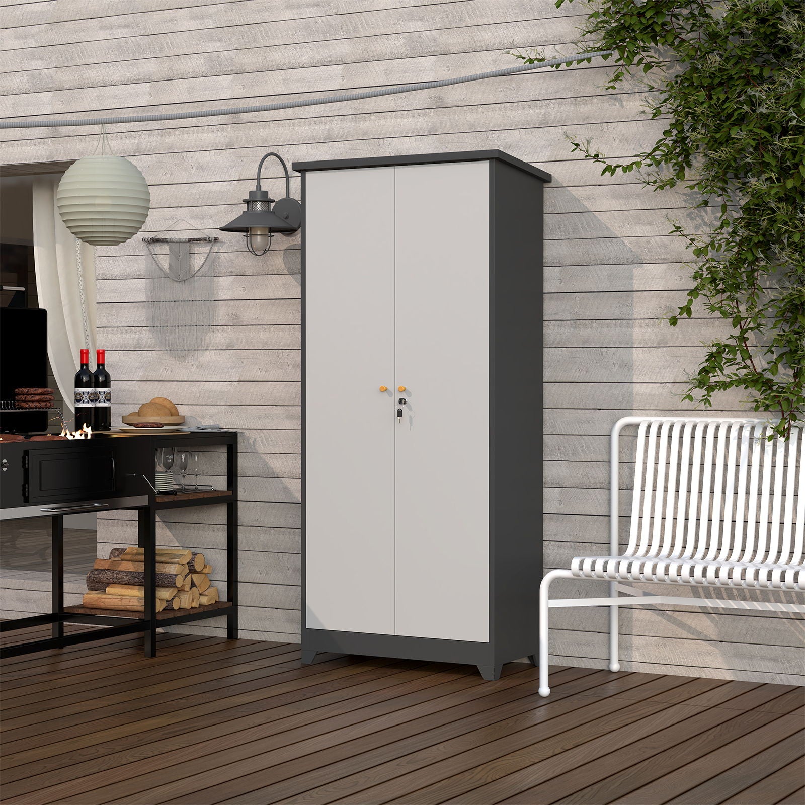 Outdoor Cabinet, Large Capacity Storage Vertical Tall Design With Shelves And Secure Lock