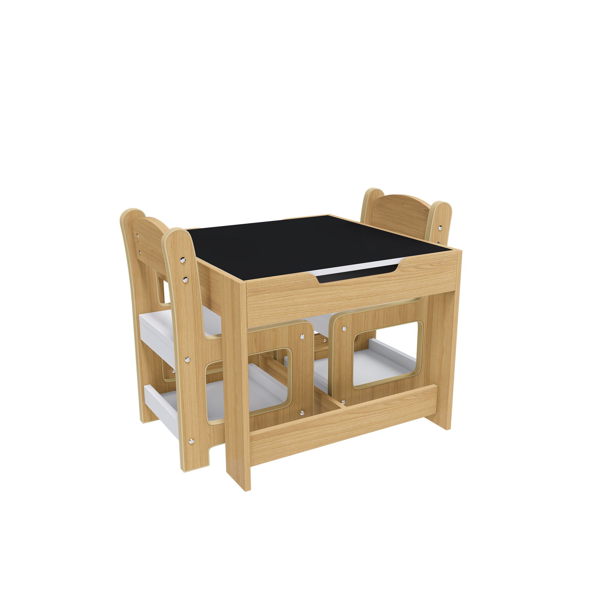 3 In 1 Kids Study Table & Chairs Set Multi Functional Activity Table With Detachable Blackboard Top - Natural Wood