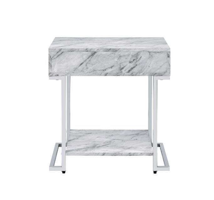 ACME Wither - Accent Table - White Printed Faux Marble & Chrome Finish | Meri Furniture