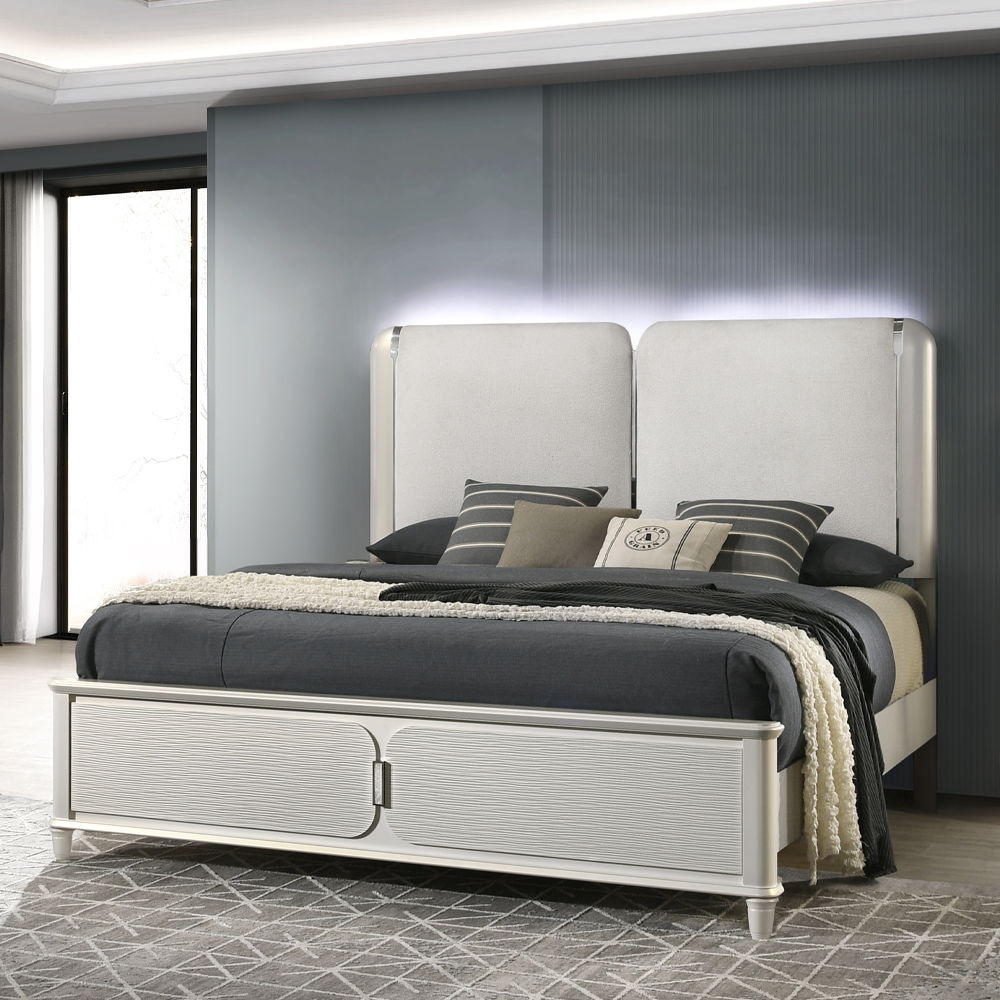 ACME Laveda - Eastern King Bed With LED - Light Gray Boucle & Pearl White Finish | Meri Furniture