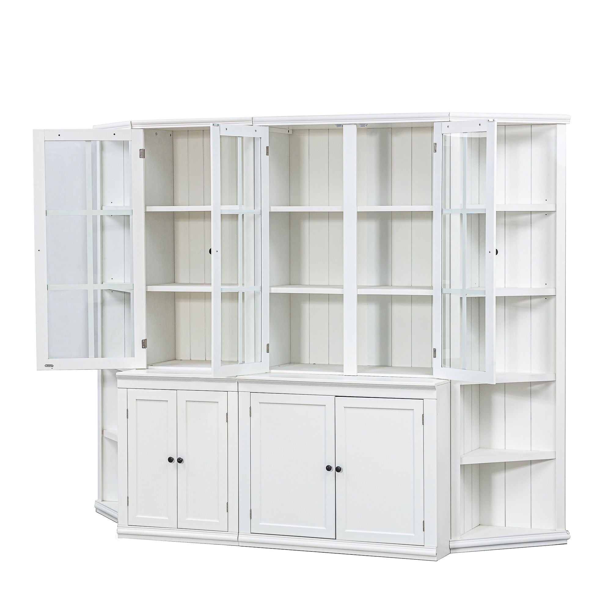 Retro Style Wall Suit With Glass Doors, 75.25" Tall Display Cabinets & Triangle Sided Bookshelves - White
