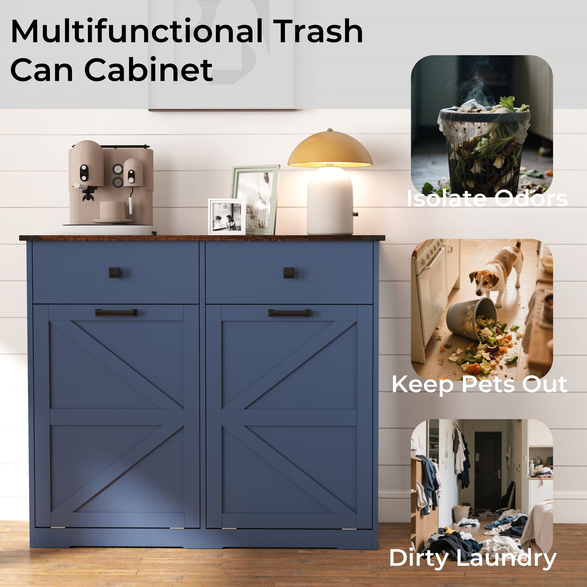 Double Tilt Out Trash Cabinet With Hideaway Drawer And Barn Door Style
