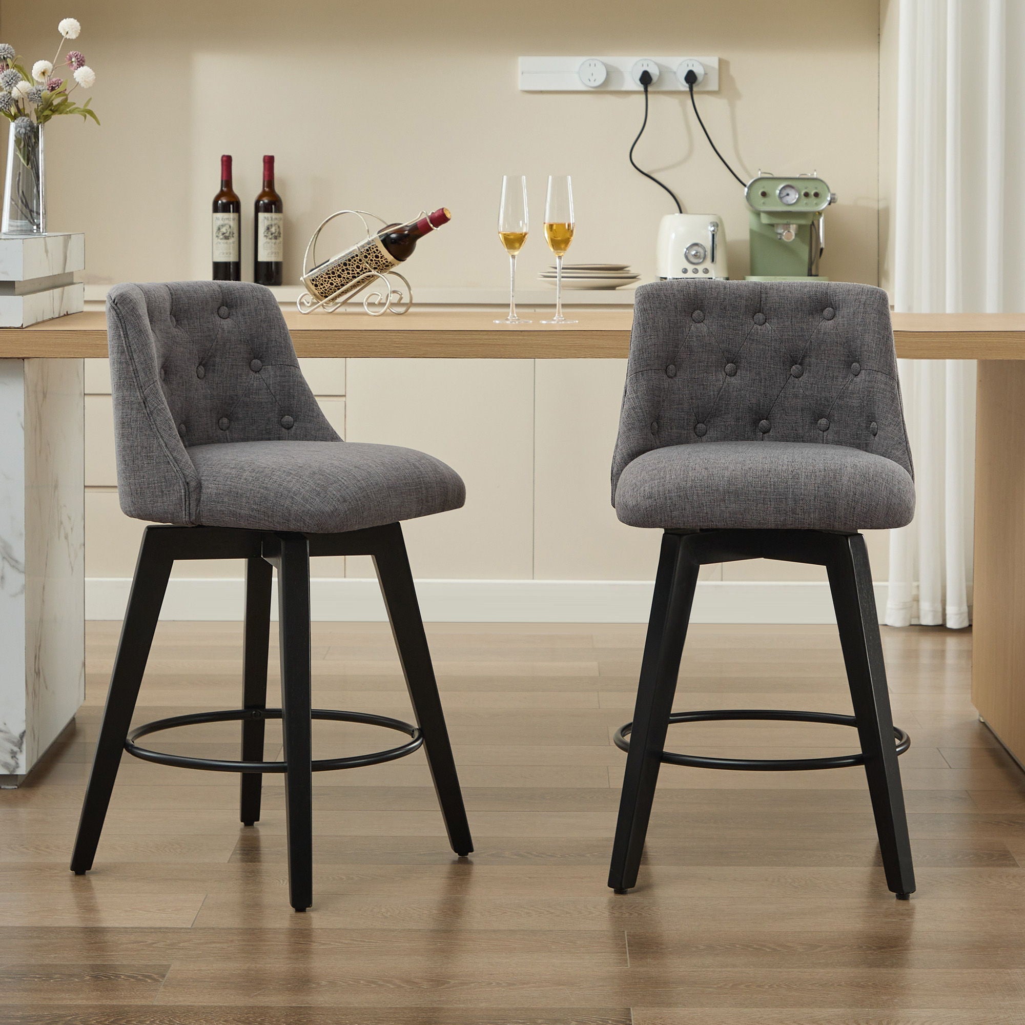 Swivel Bar Stools & Button Tufted Back (Set of 2)