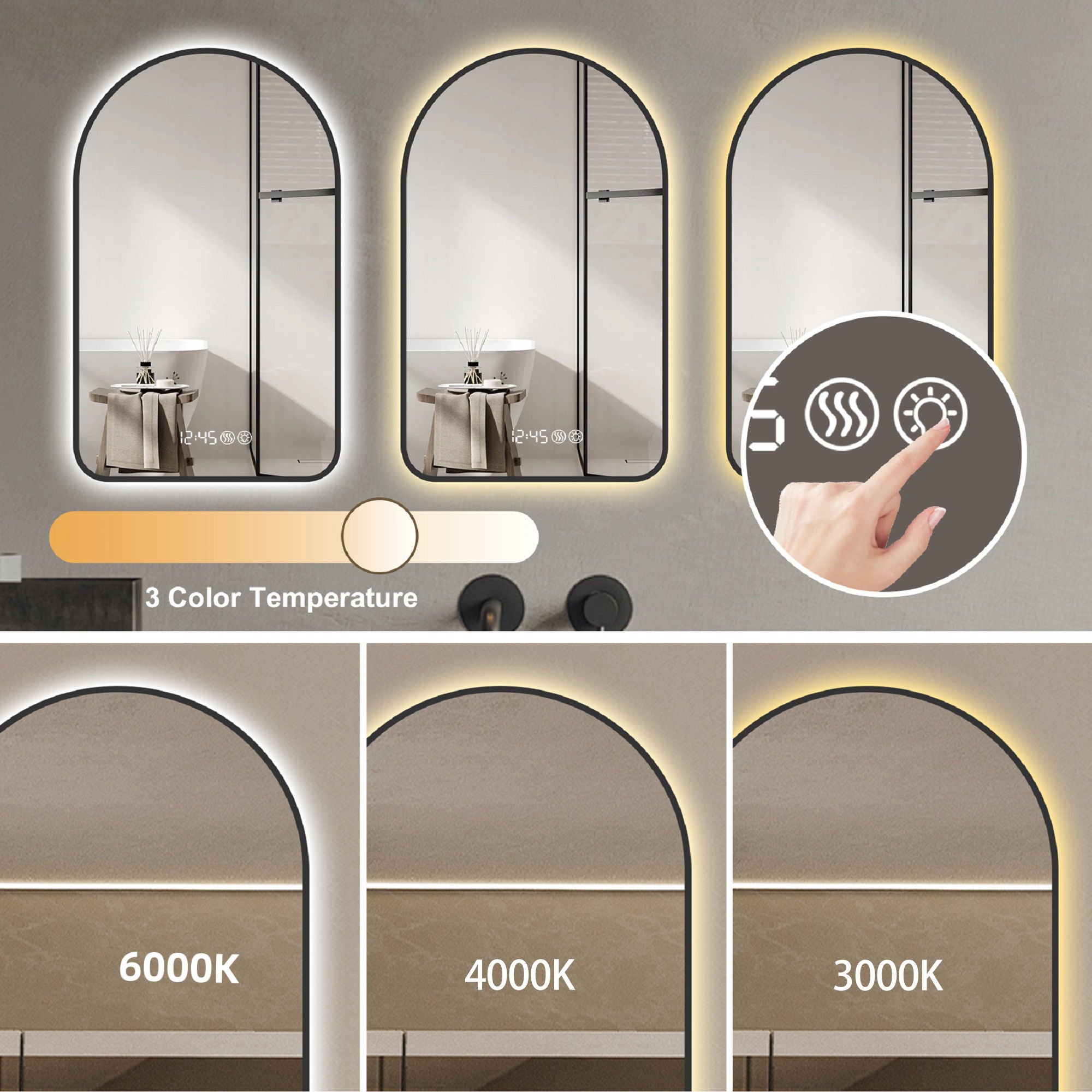 Modern Arched LED Bathroom Mirror With Time And Temperature Display, Anti Fog, Dimmable Light - Black