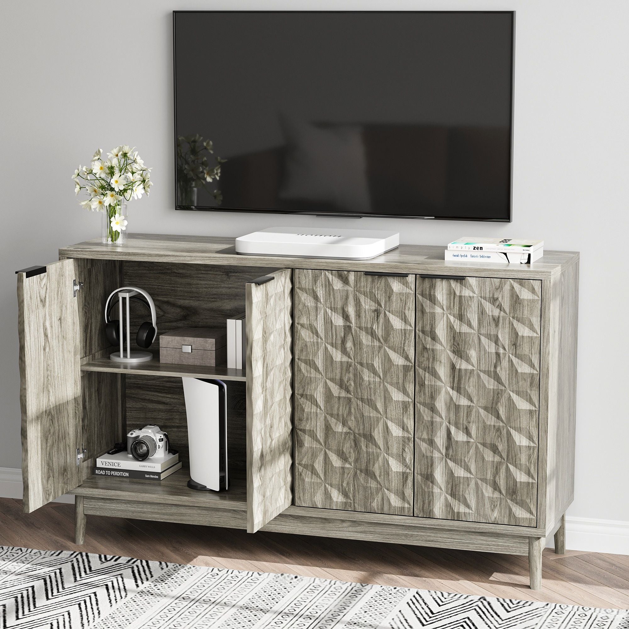 Modern Style Buffet Cabinet, Sideboard Buffet Cabinet With Storage, Storage Cabinet With 4 Diamond Shaped Relief Doors For Living Room, Dining Room, Entryway, Hallway, Kitchen - Gray - Gray