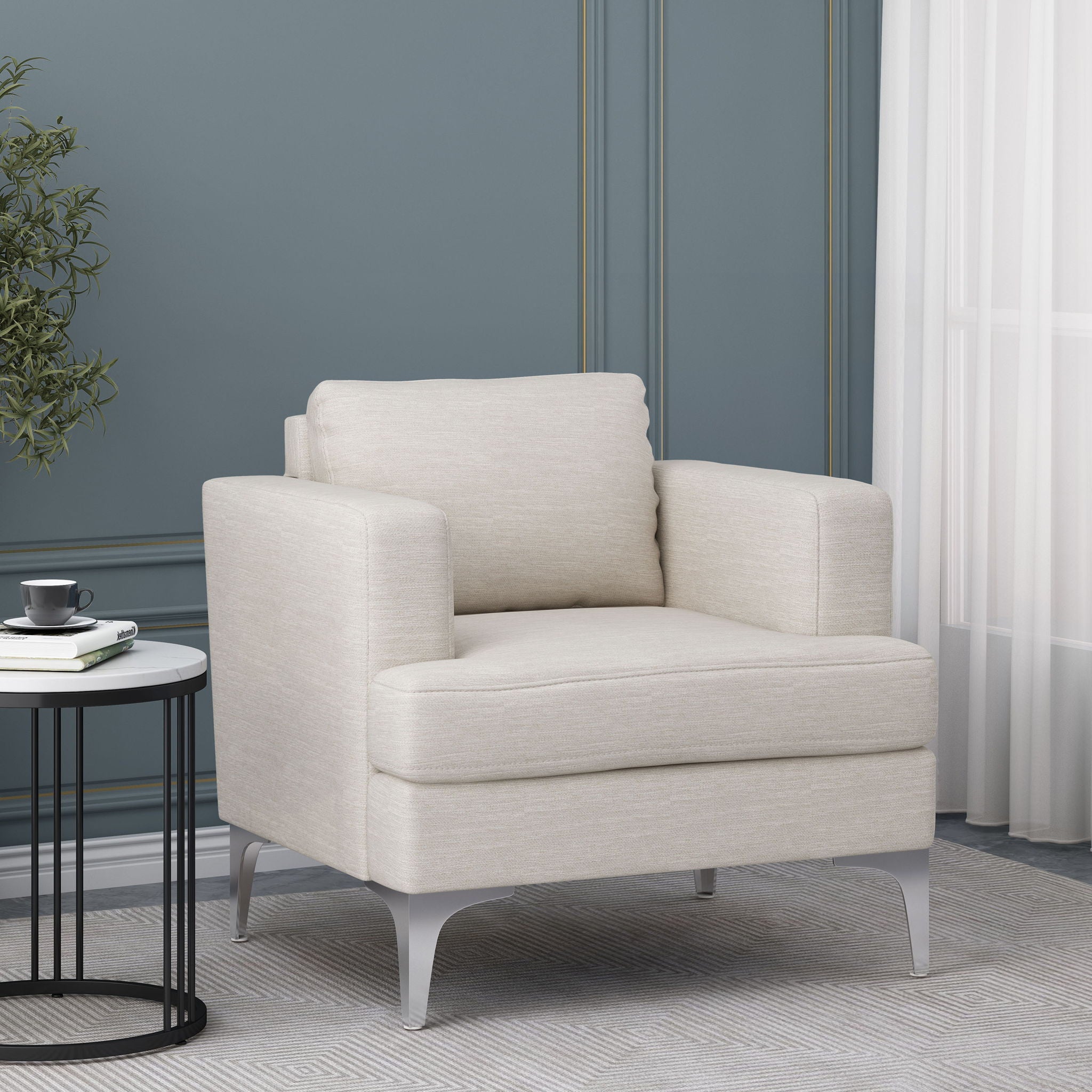 Upholstered Fabric Club Chair With Iron Legs - Beige