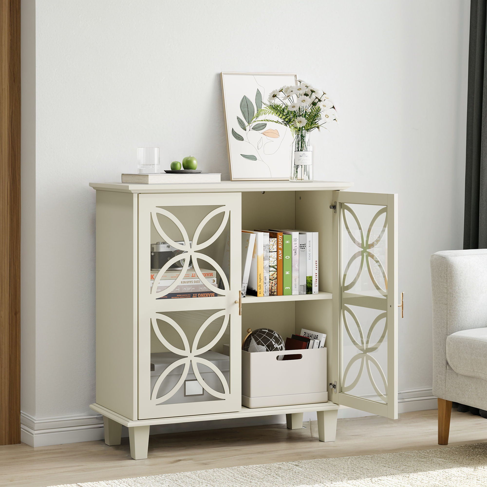 Modern Retro Sideboard Buffet Storage Cabinet With Adjustable Shelves And Tempered Glass Doors - Cream Color