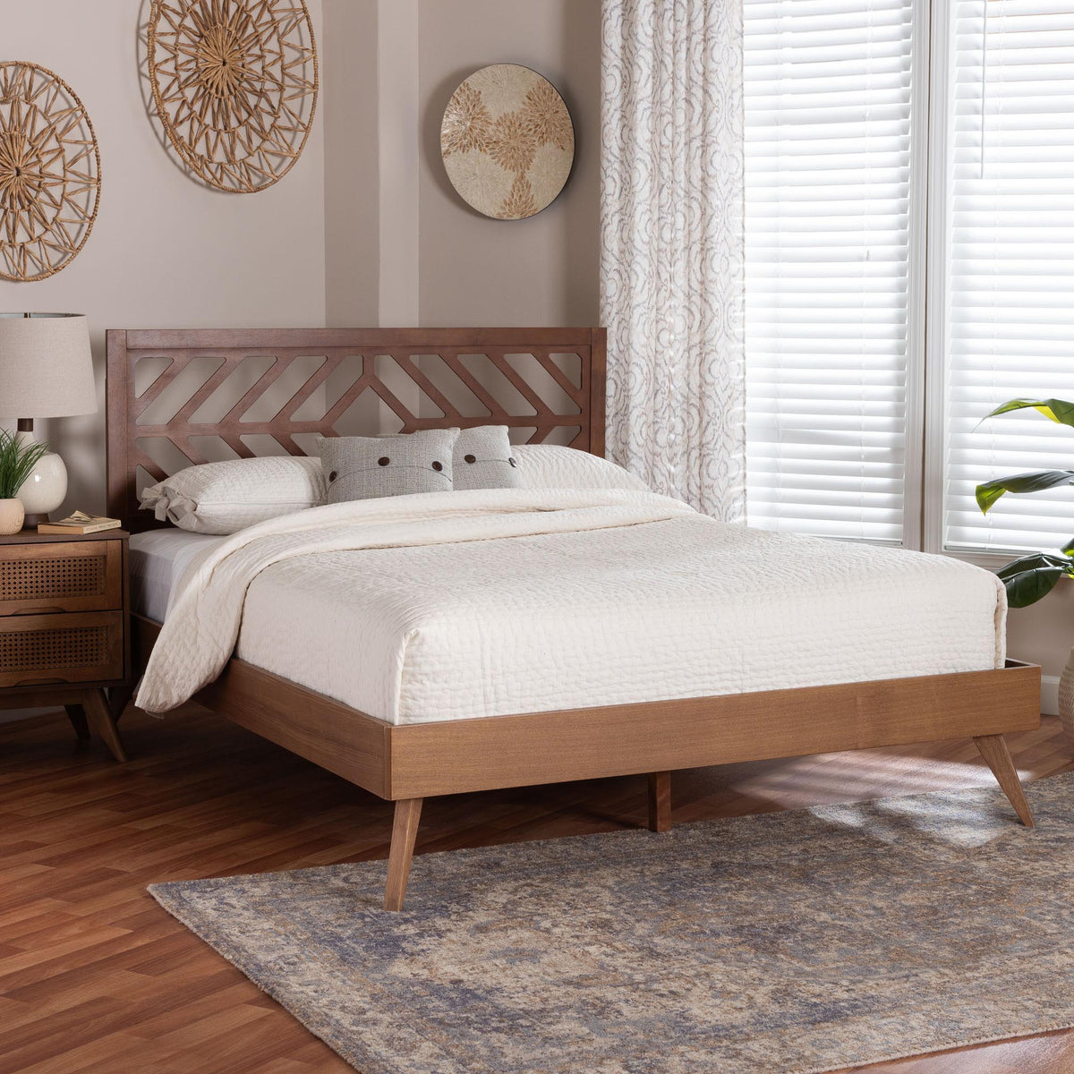 Chinedu Platform Bed - Mid-Century Modern Bed with Cutout Headboard and Rounded Legs for Modern or Boho Bedrooms, Queen