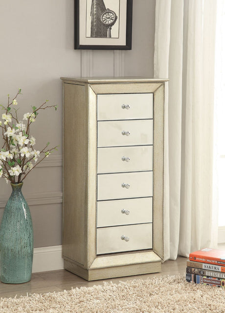 Assembled, 6 Drw • Top Lid w/Mirror & Jewelry Storage (Velvet Lined) • Side Doors w/Jewelry Storage (Hooks) • Cabinet (No Legs) • Drawer Front: Mirror • Drawer: GLIDE Side Wood, Felt-Lined Drawers ••• Anti-Tipping Strap Included