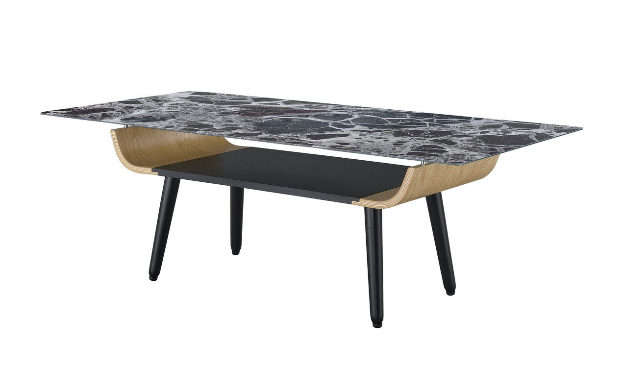 Landon 47"W Coffee Table with Glass Black Marble Texture Top and Bent Wood Design
