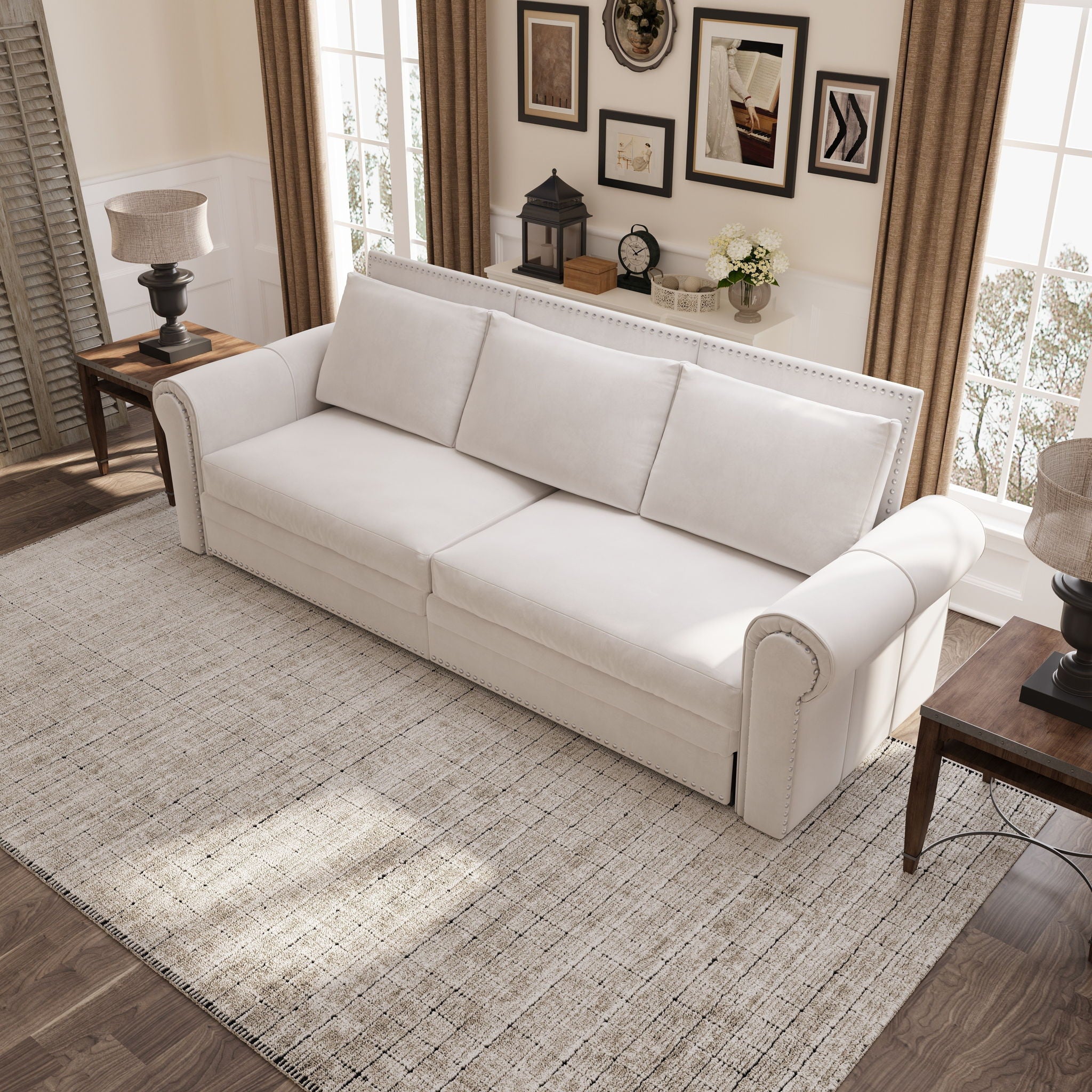 Pull Out Sofa Bed 3 In 1 Velvet Convertible Sleeper Sofa With Nailhead Trim & Rolled Arm, Multi Functional