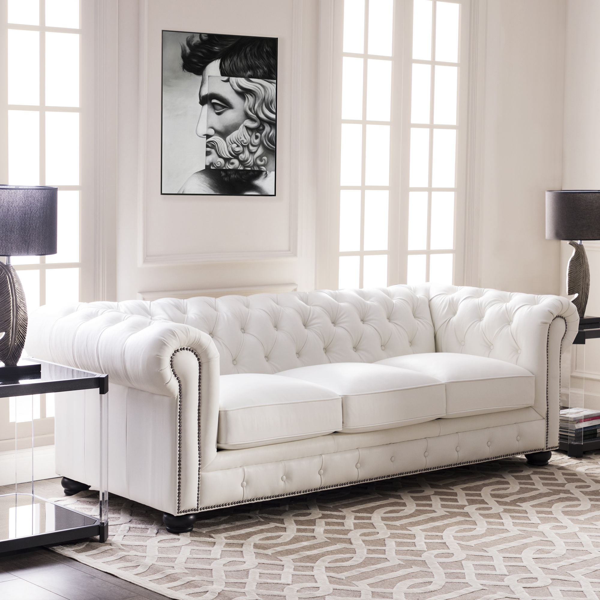 Traditional Tufted Leather Chesterfield Nailhead Sofa