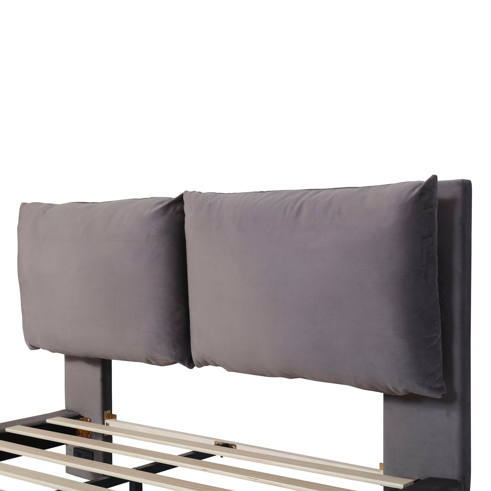 Upholstered Platform Bed With Sensor Light And 2 Large Backrests, With 2 Sets Of USB Port And Socket On Each Rear Bed Leg