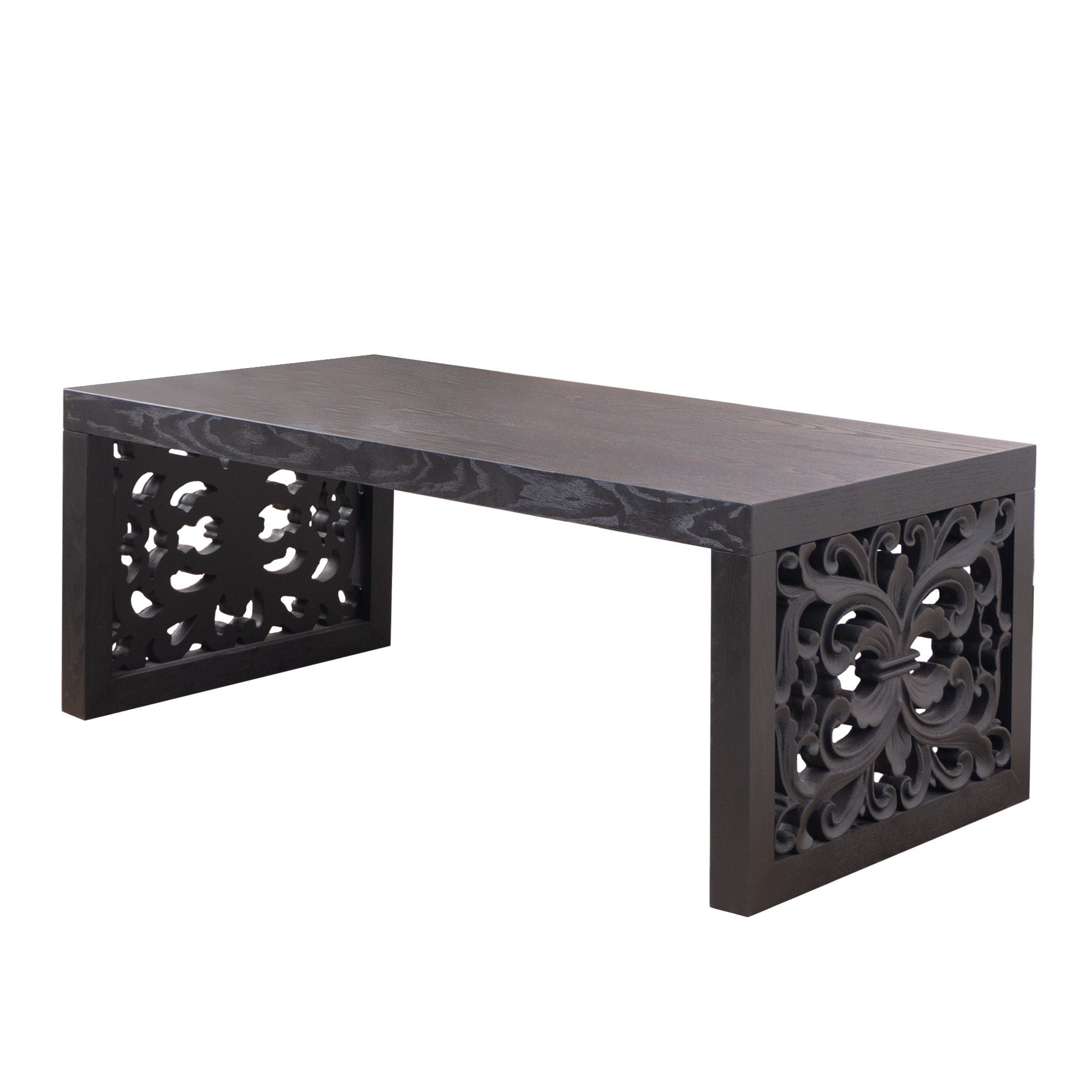 Rustic Carved Wood Coffee Table, Handcrafted Look With Ornate Side Panels