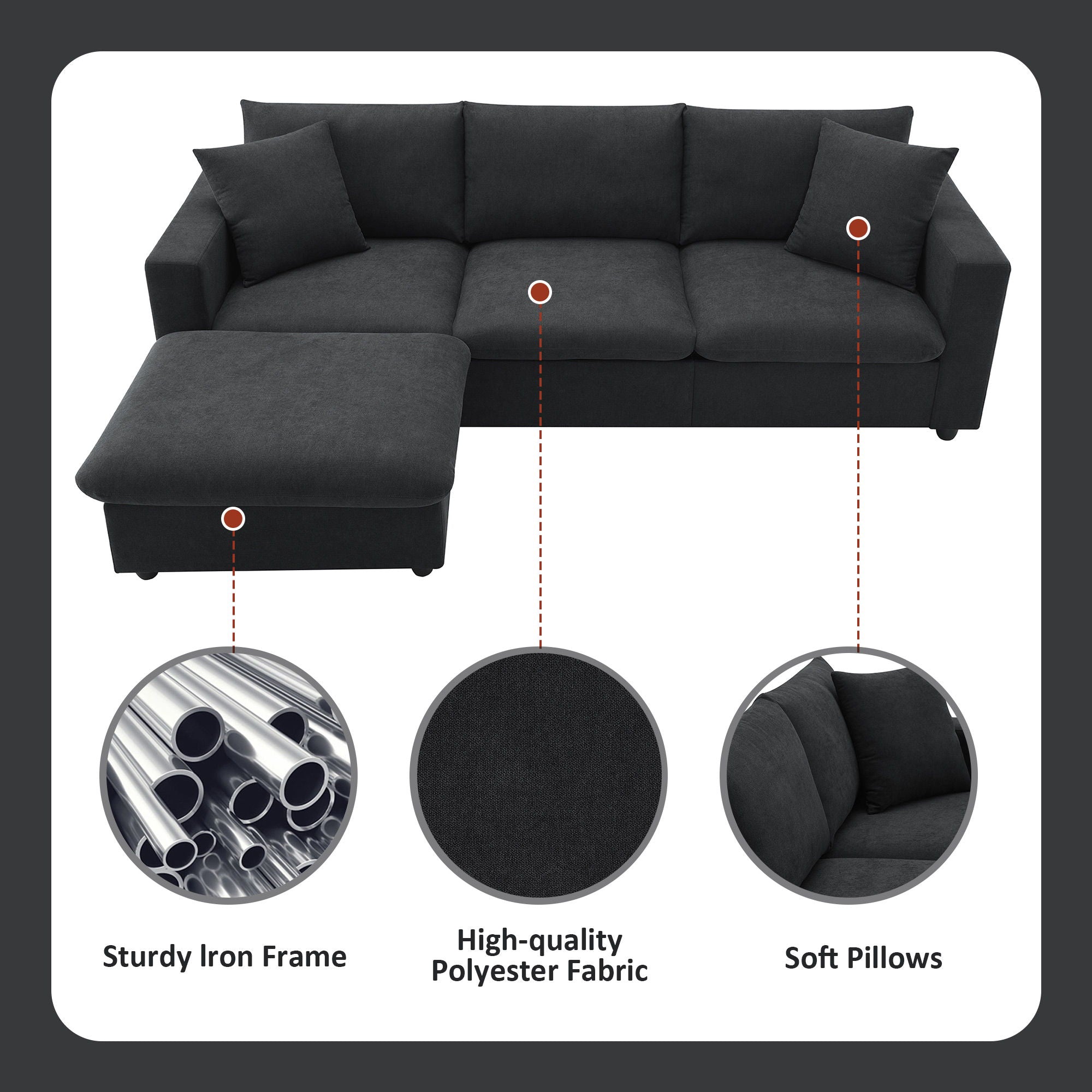 Modern Sectional Sofa With Throw Pillows, Cloud L Shaped Couch Set With Wide 4 Seat Comfy Couch Set With Movable Ottoman