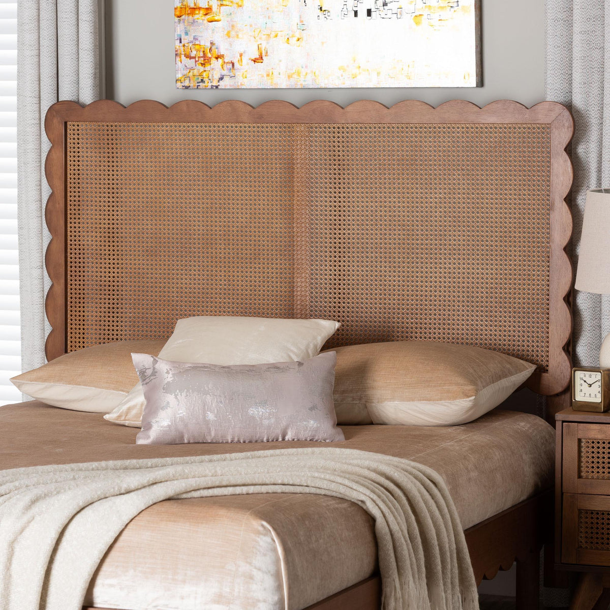 Orianthe Scalloped Headboard - Boho Chic Bed Backrest with Cane Woven Panel, Modern Minimalist Bedroom Decor, Queen Size
