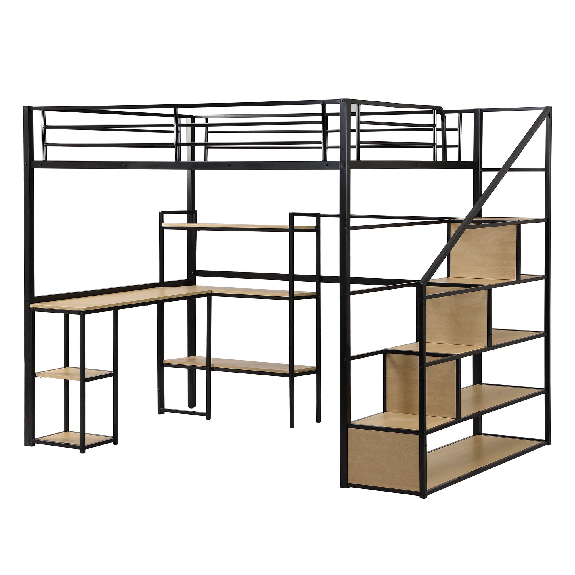 Full Size Loft Bed With Staircase, Built In Desk And Shelves And Sleeping Surface - Black