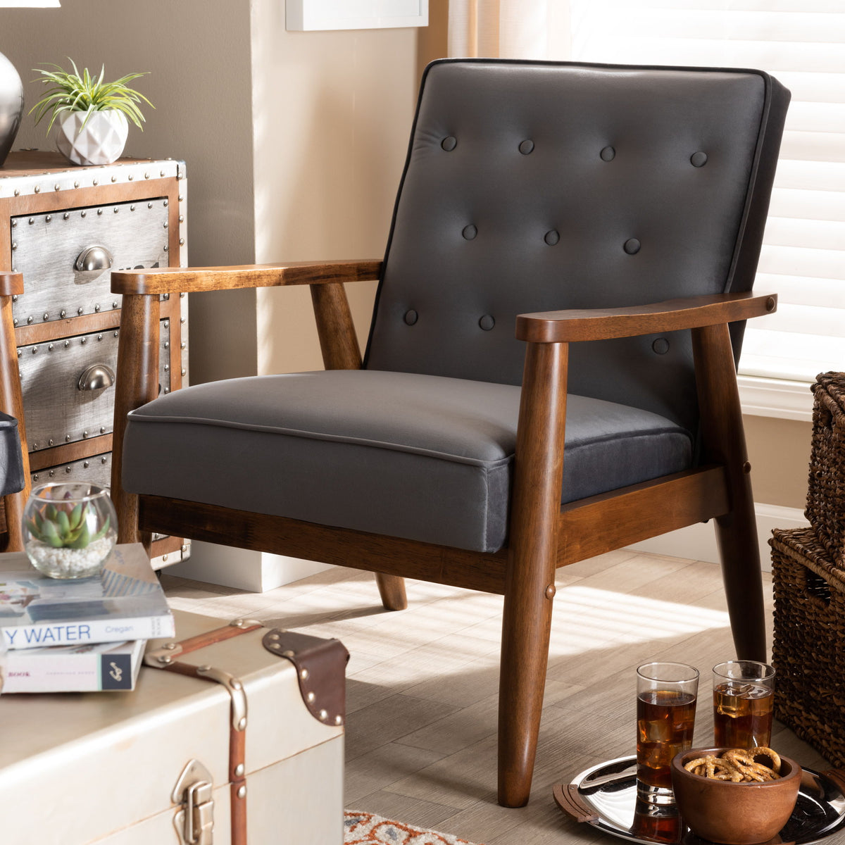 Sorrento Mid-century Modern Grey Velvet Fabric Upholstered Walnut Finished Wooden Lounge Chair