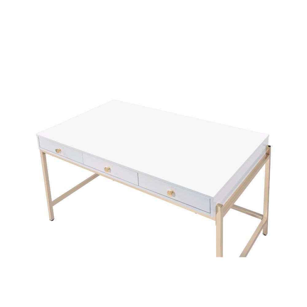 ACME Ottey - Desk - White High Gloss & Gold - 31" | Meri Furniture