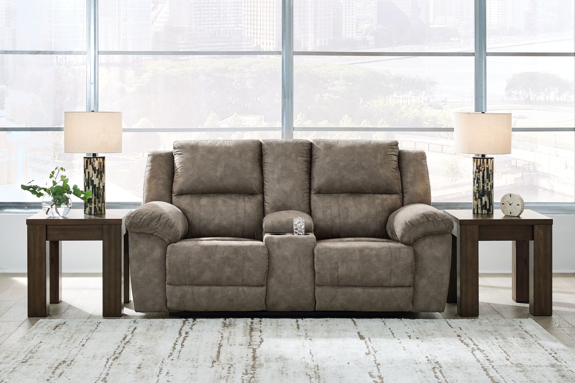 Signature Design by Ashley® Laresview - Fossil - Dbl Reclining Loveseat With Console | Meri Furniture