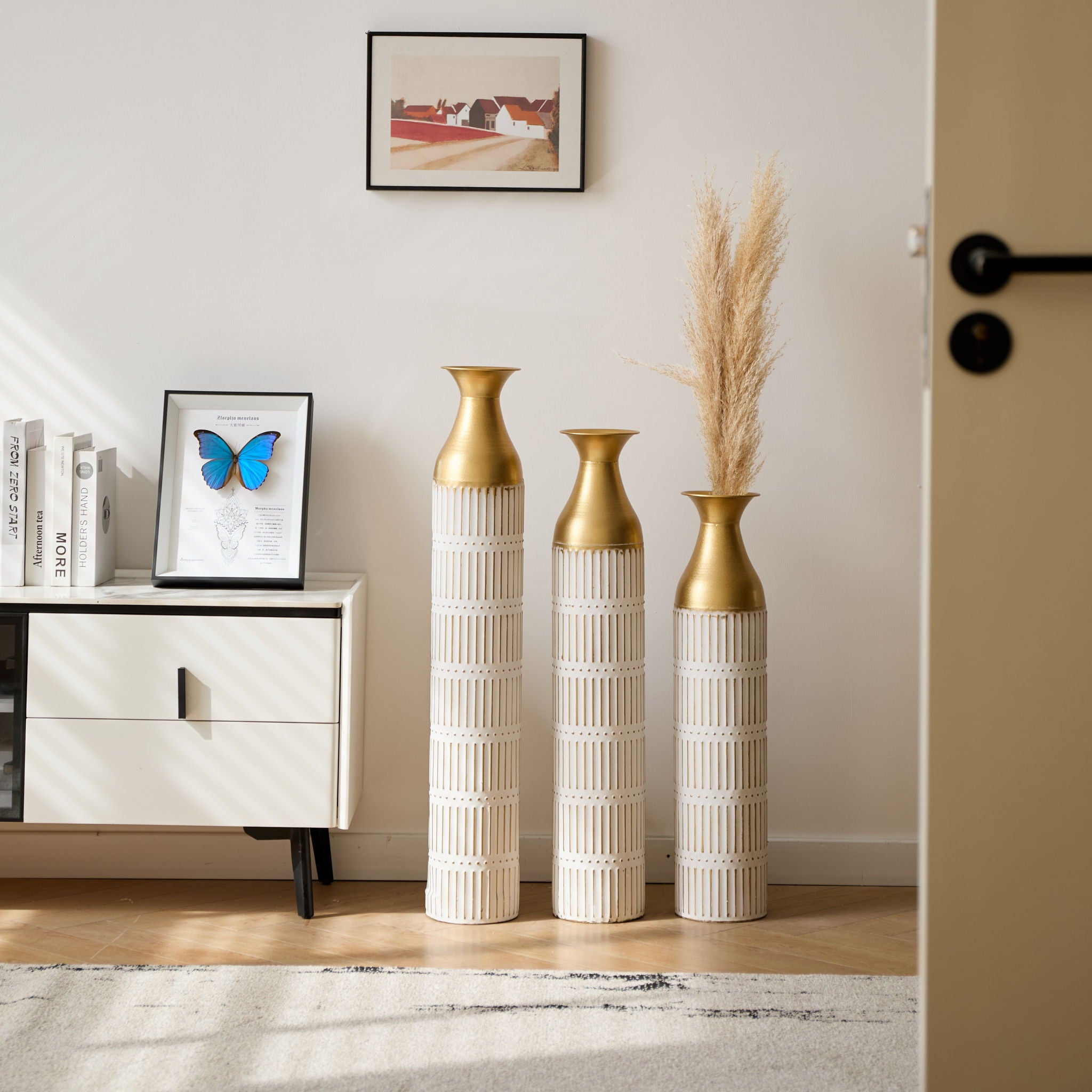 Floor Metal Vases Decorated White Metal Vases (Set of 3) Gorgeous Home Decoration Large Glazed Metal Vases - White