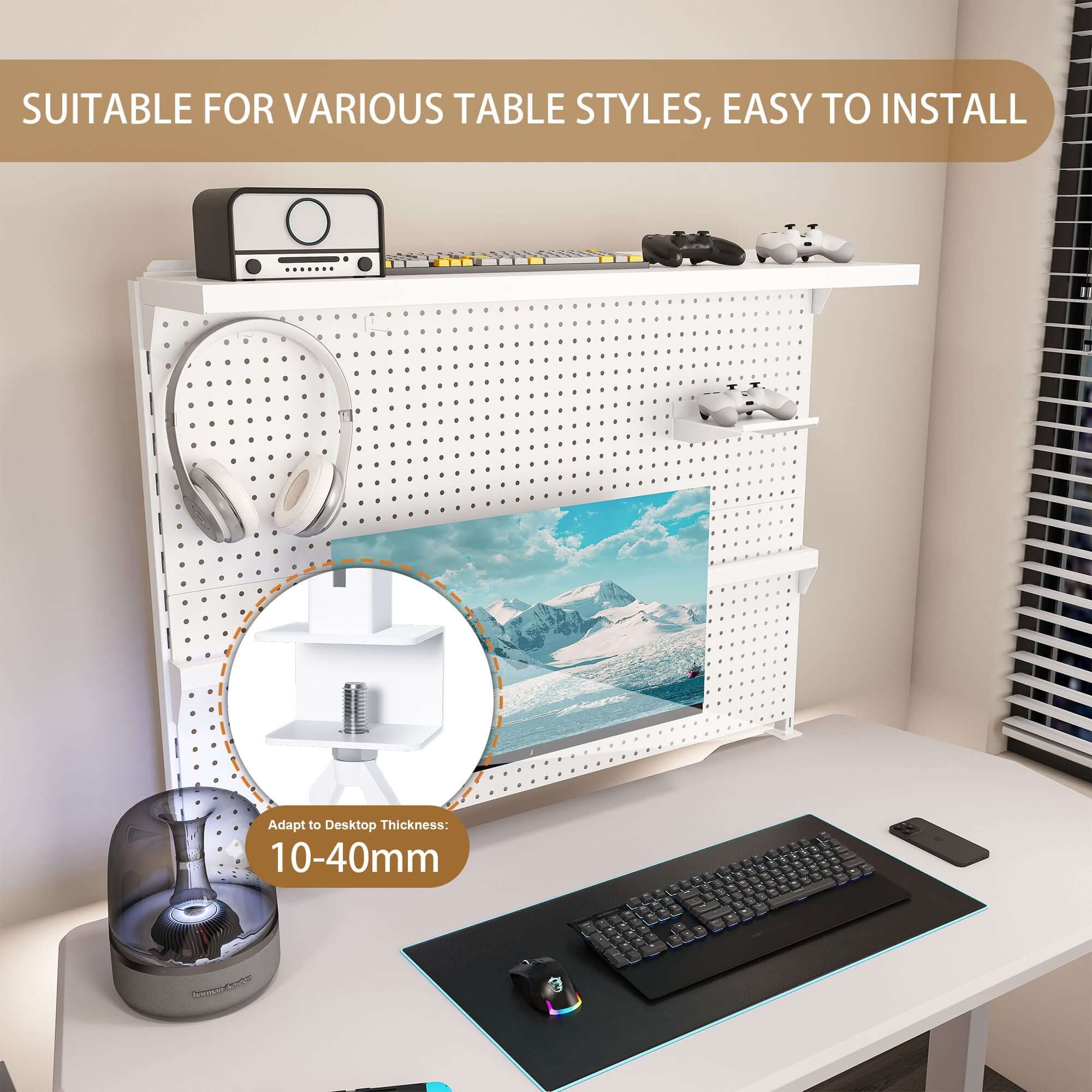 Clamp On Desk Pegboard With Single Monitor Stand