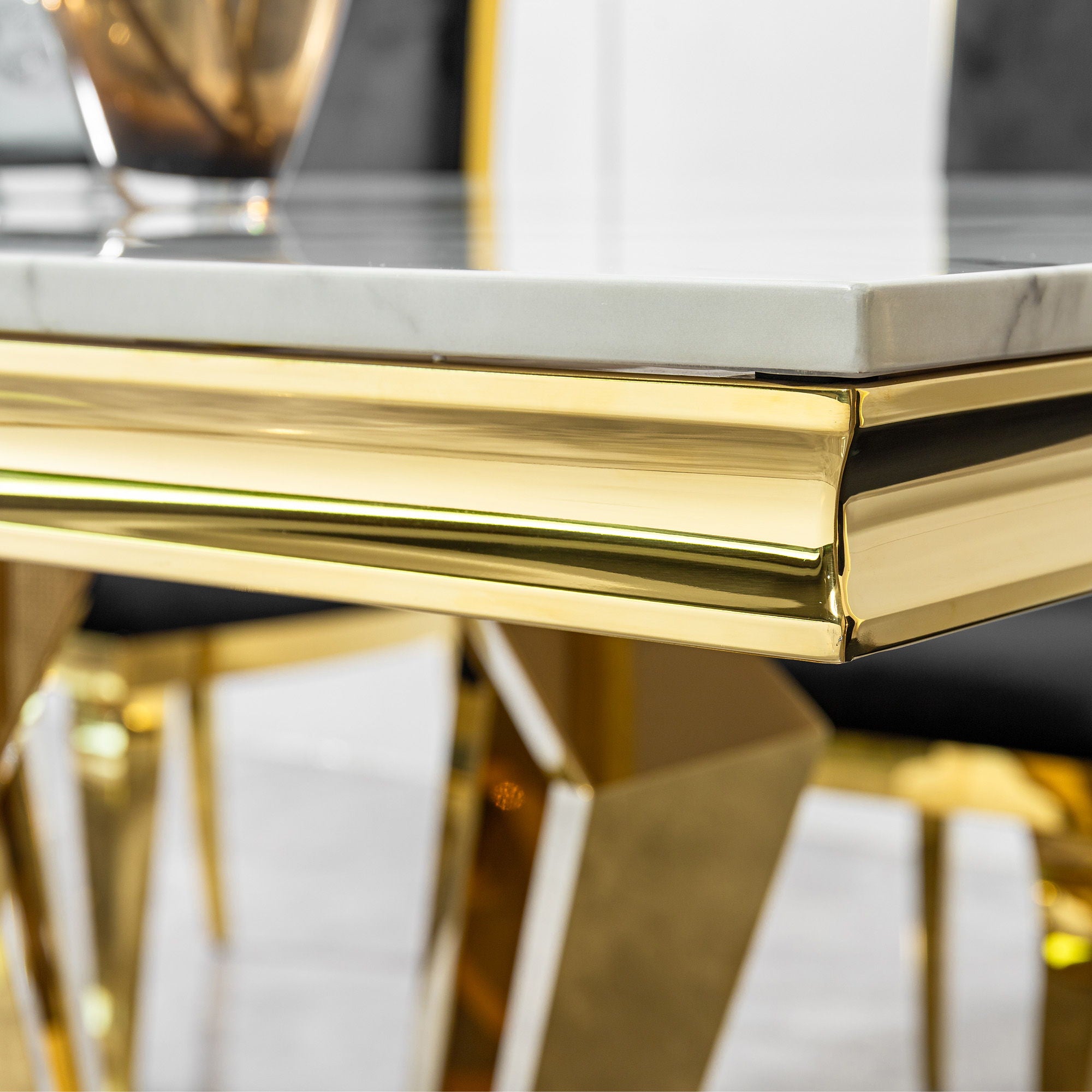 79.53 In. Elegant Marble Pattern Dining Table For 6 Or 8 Seats Polished Stainless Steel Base - Gold