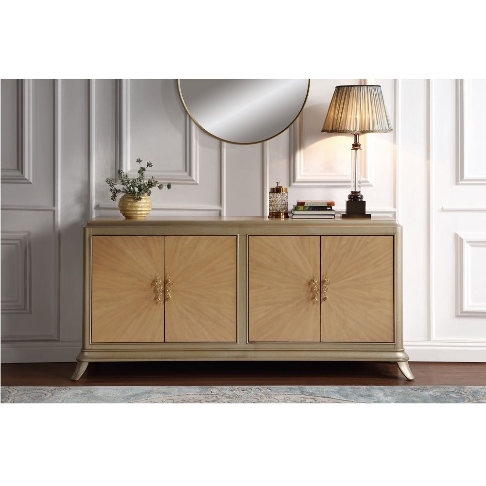 ACME Dodie - Console Cabinet - Natural Oak Sunburst Pattern & Taupe Champaign | Meri Furniture