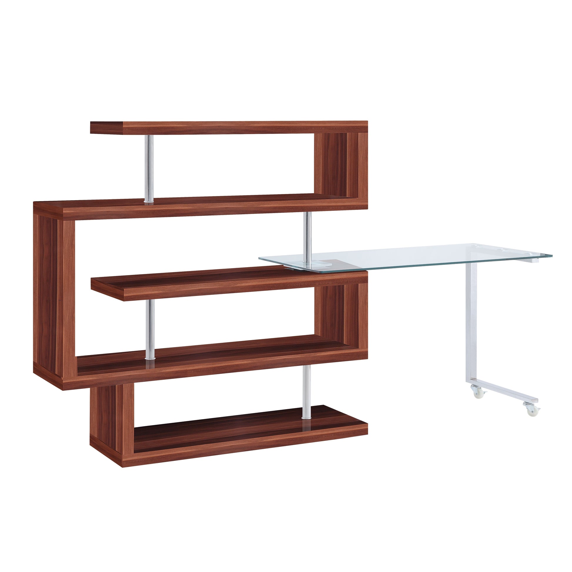ACME Writing Desk w/Swivel Function 360 Open Storage: 4 Shelves Clear Glass Desk Top High Gloss Finish 2 Wheels Included | Meri Furniture