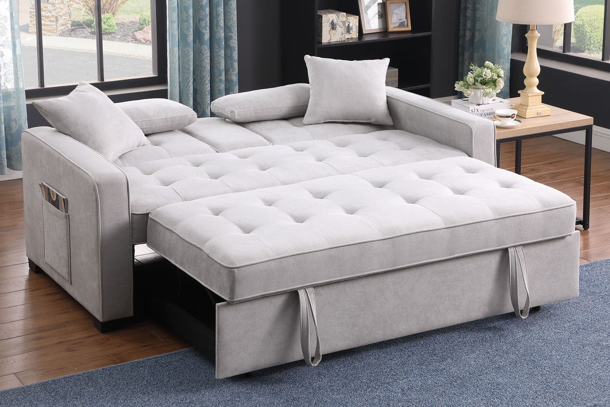 Cody II 70"W Light Gray Woven Fabric Convertible Sleeper Loveseat with Dropdown Console, Cup Holders, Charging Ports, Pocket, and Pocket Coil Seating