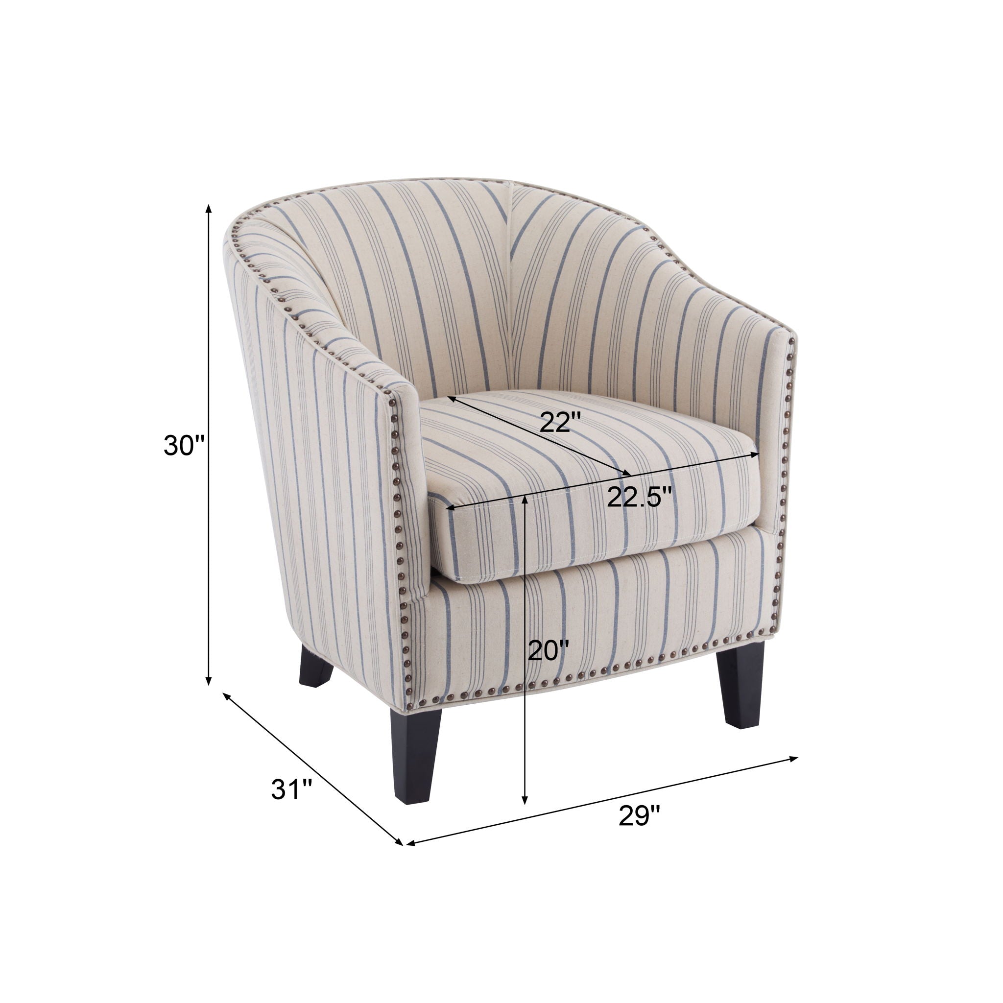 Transitional Upholstered Stripe Barrel Chair With Birch Wood Legs And Plush Cushioned Seat - Beige / Blue Stripe