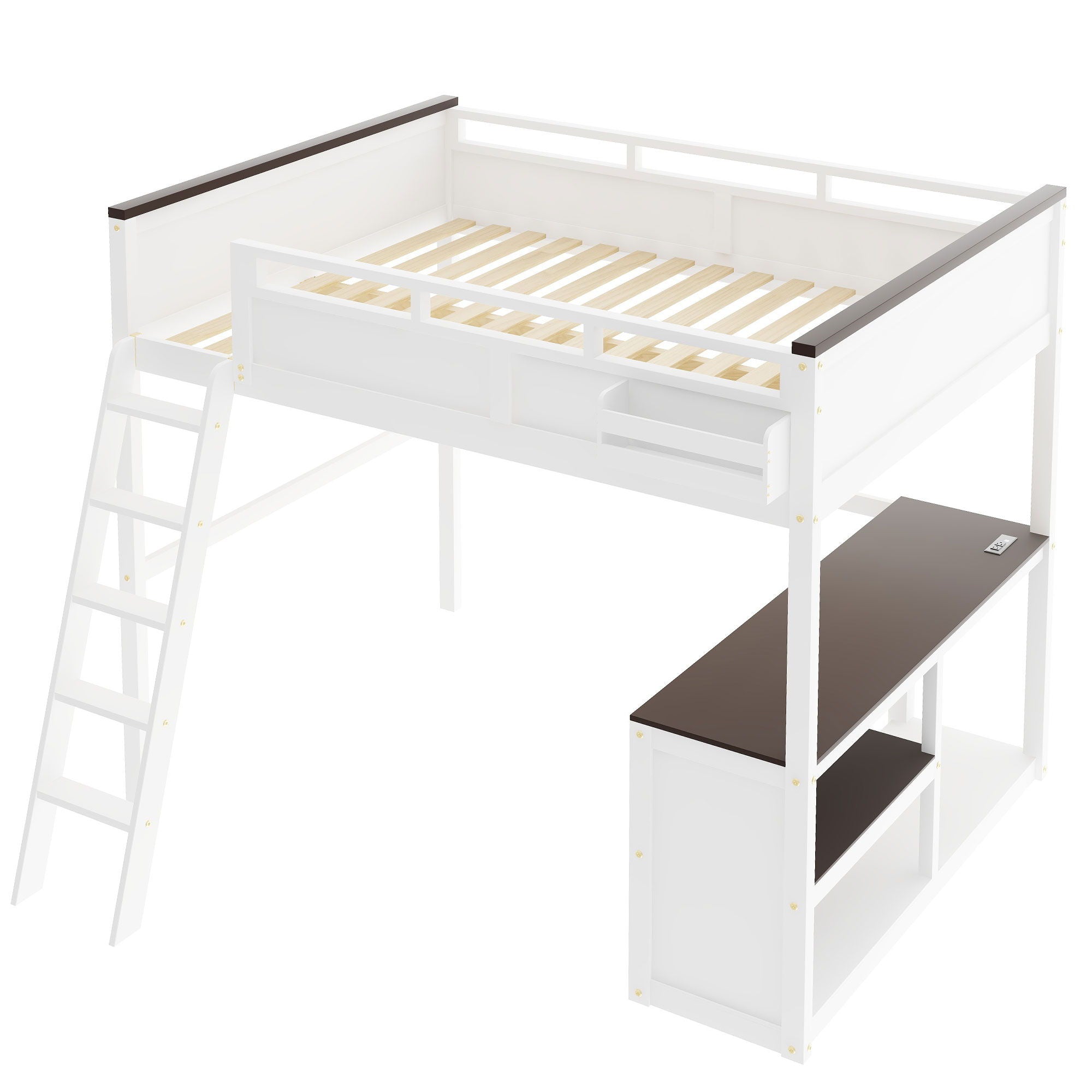 Queen Size Loft Bed With Desk, Open Shelf, Storage Box And USB Charging Station - White