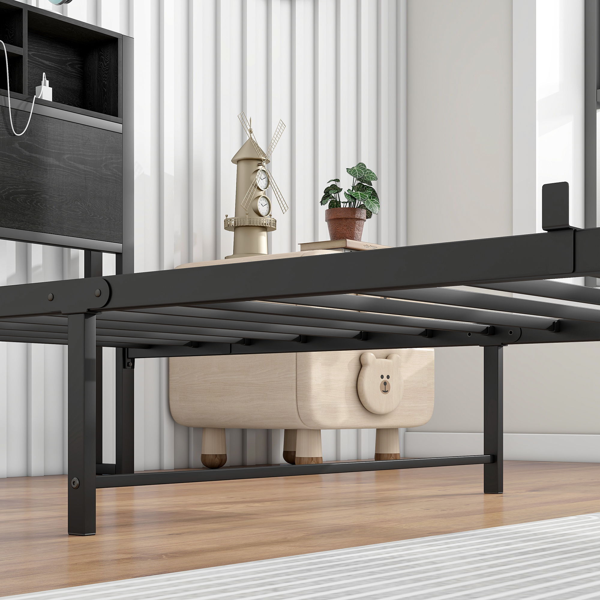 Modern Metal Platform Bed Frame With Storage Headboard And Charging Station