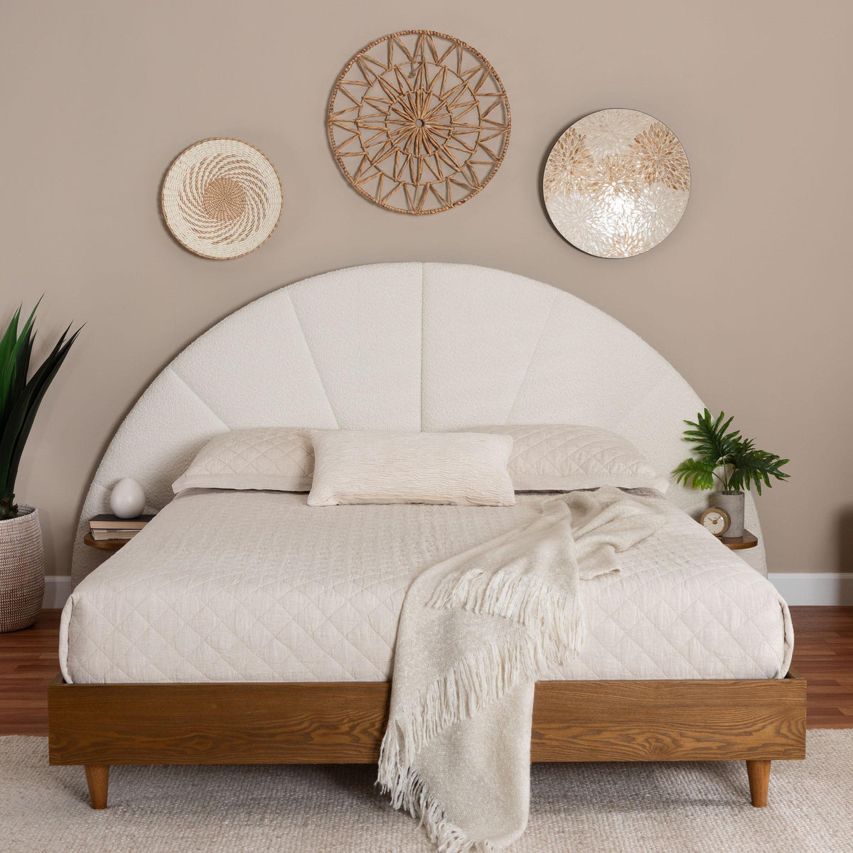 Bernice Japandi Cream Boucle and Walnut Brown Wood Queen Bed