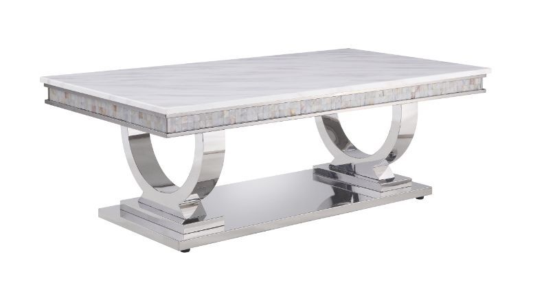 ACME Zander - Coffee Table - White Printed Faux Marble & Mirrored Silver Finish | Meri Furniture