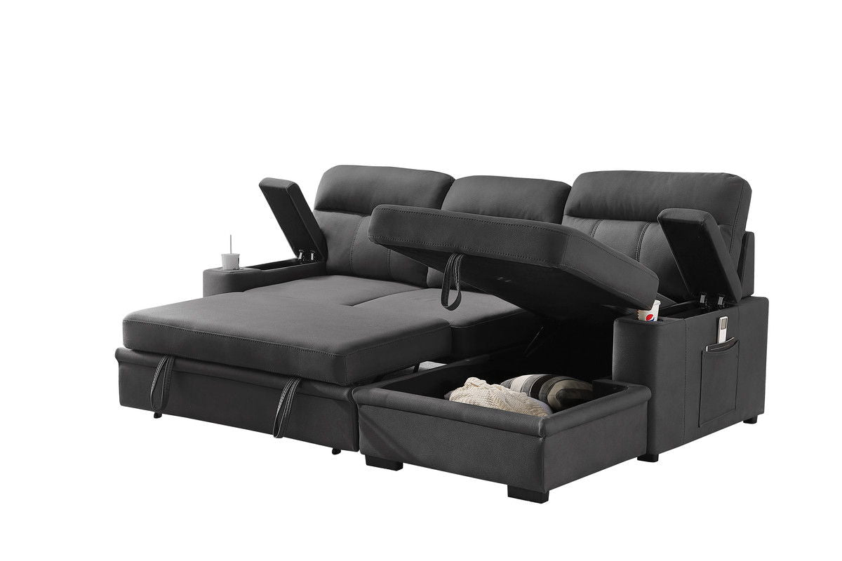 Kaden 94"W Gray Fabric Sleeper Sectional Sofa Chaise with Storage Arms and Cupholder