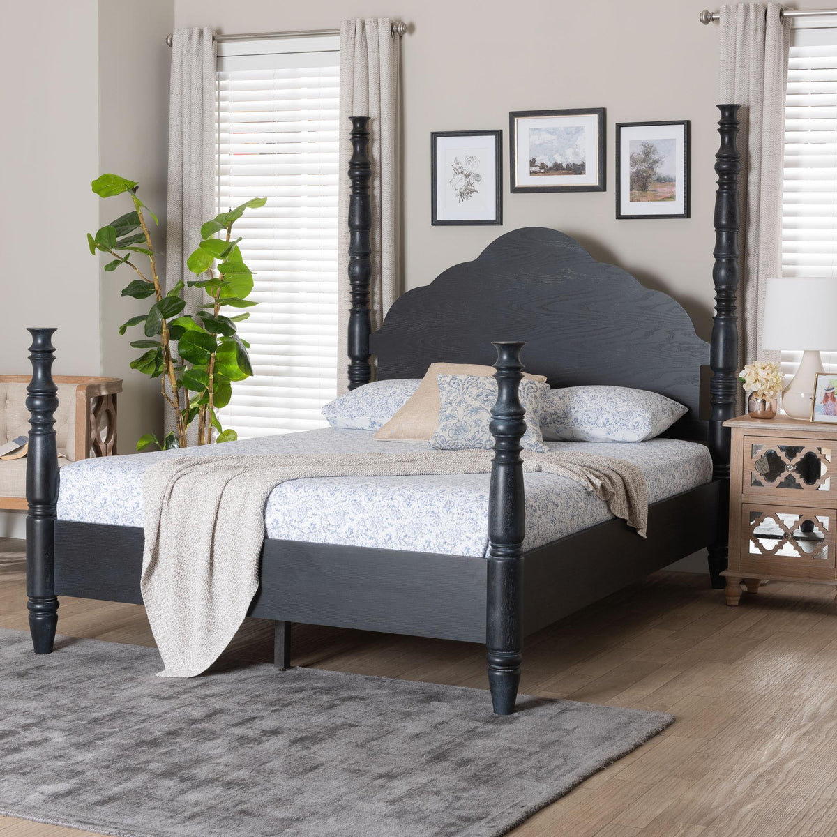 MartiNo Four-Poster Platform Bed - Sculpted Post Bed Frame with Panel Headboard, Vintage Spindle Bed, Black, King