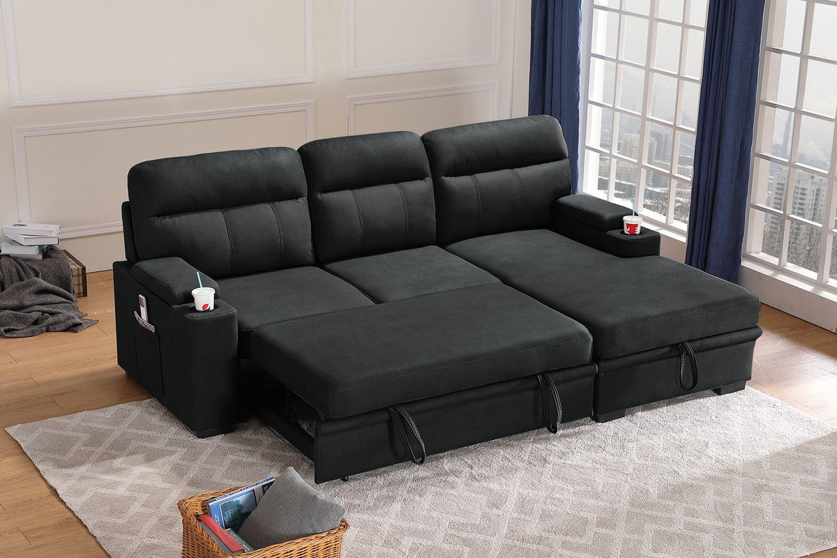 Kaden 94"W Black Fabric Sleeper Sectional Sofa Chaise with Storage Arms and Cupholder