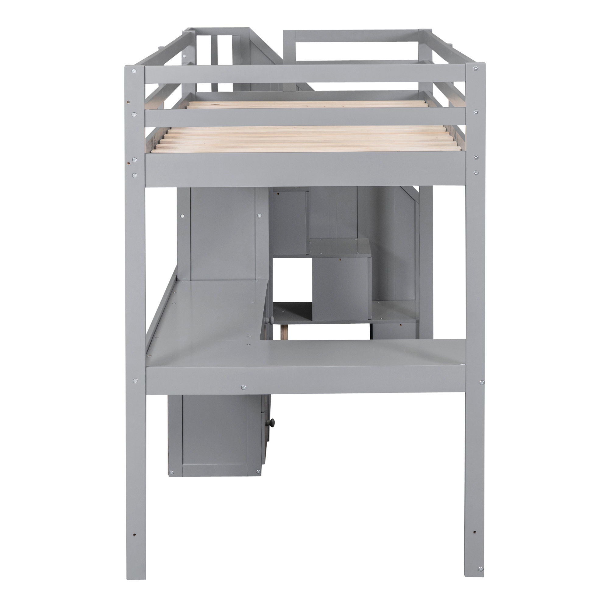Loft Bed With L Shaped Desk, Drawers, Cabinet, And Storage Staircase