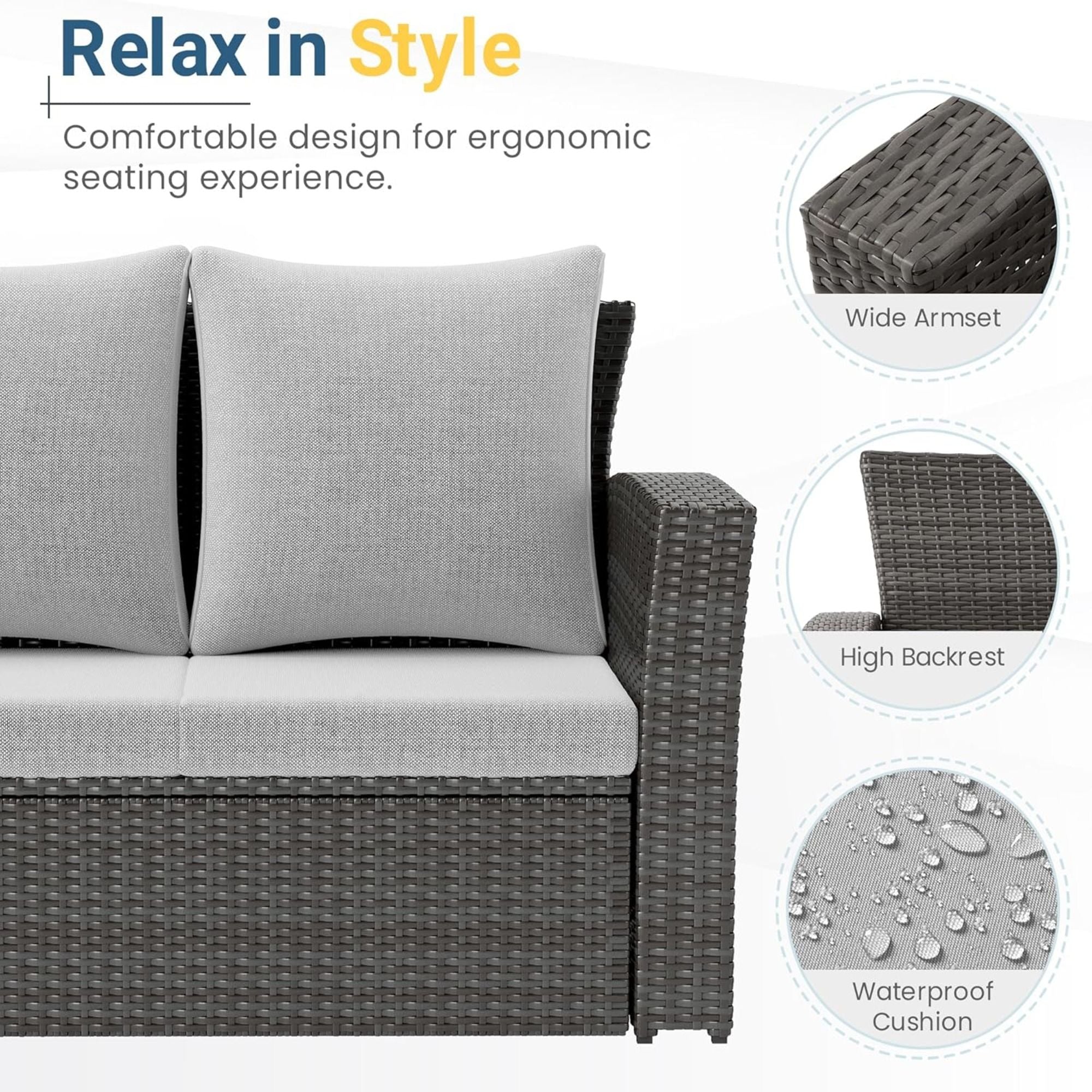 All-Weather Wicker 3 Seat Patio Sofa With Thick Cushions