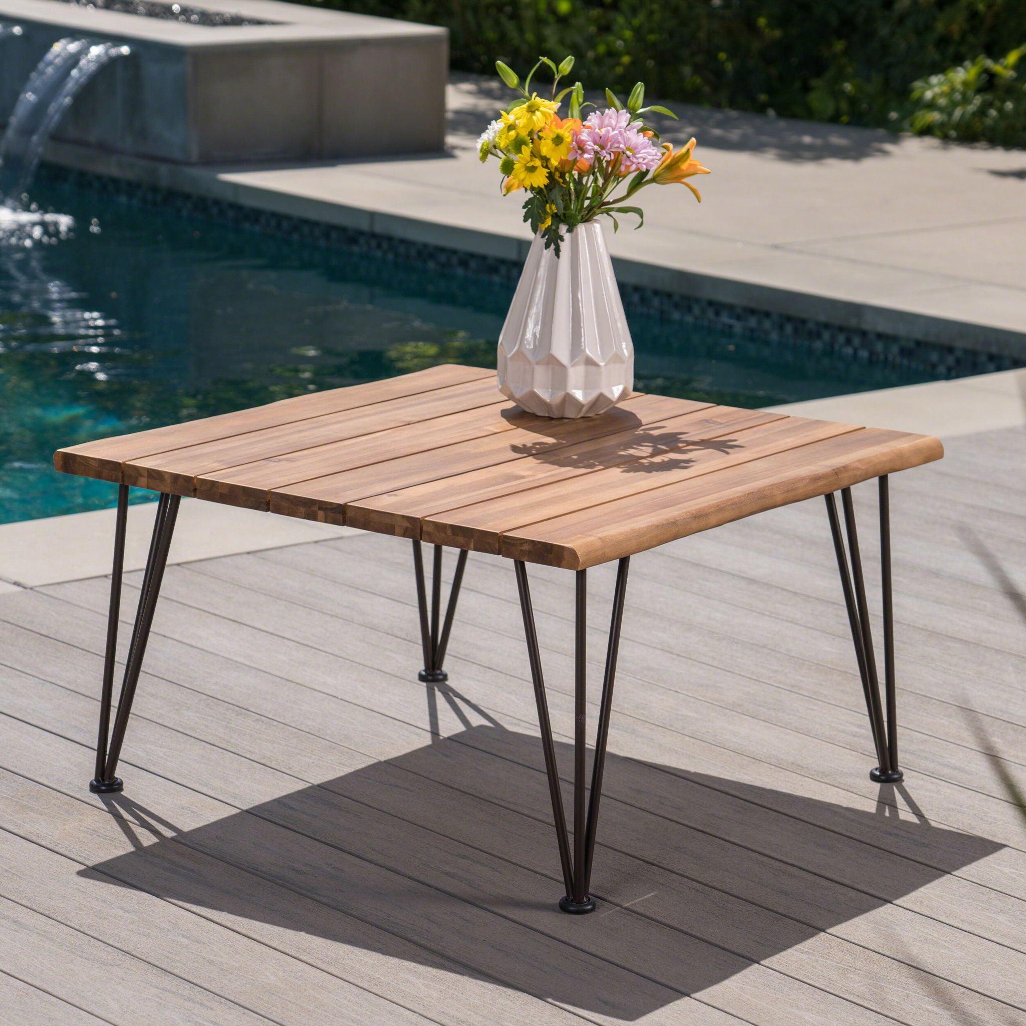Outdoor Coffee Table With Slat Top And Metal Legs - Teak