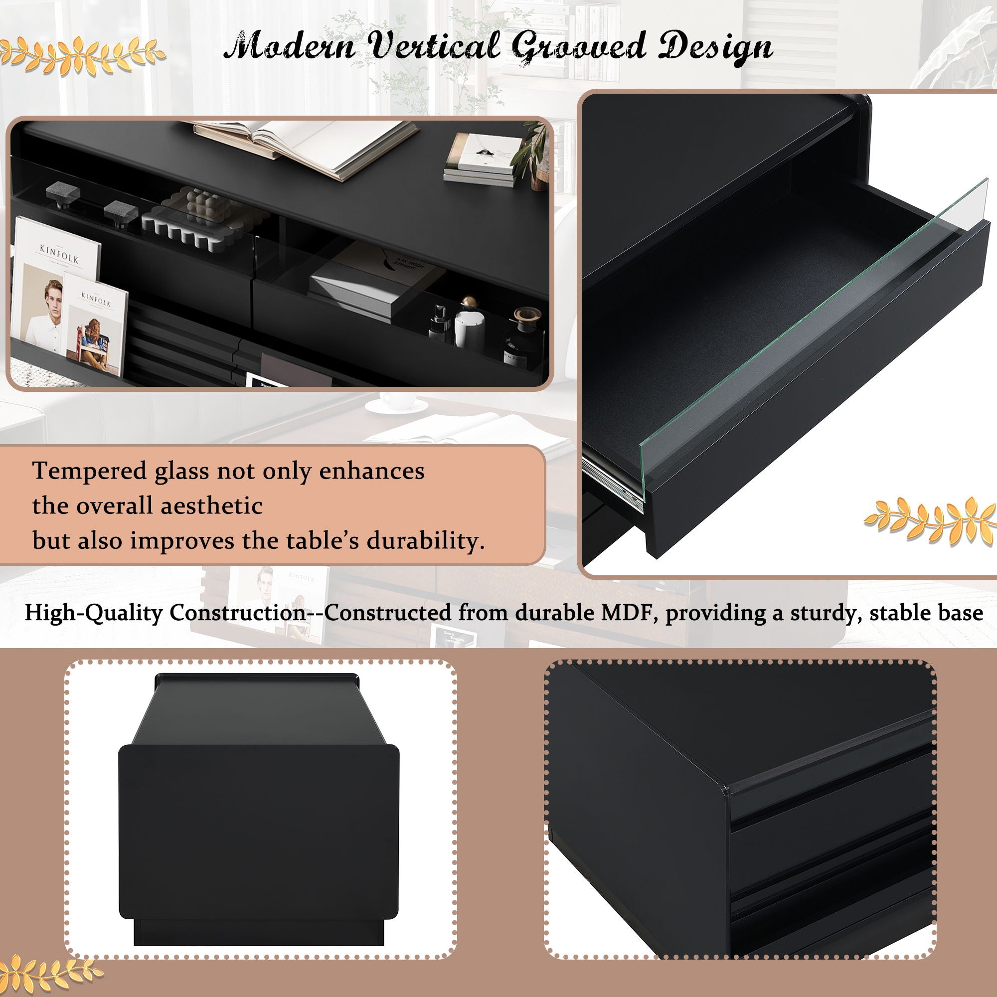 Modern Rectangle Coffee Table With 4 Drawers And 2 Display Shelves