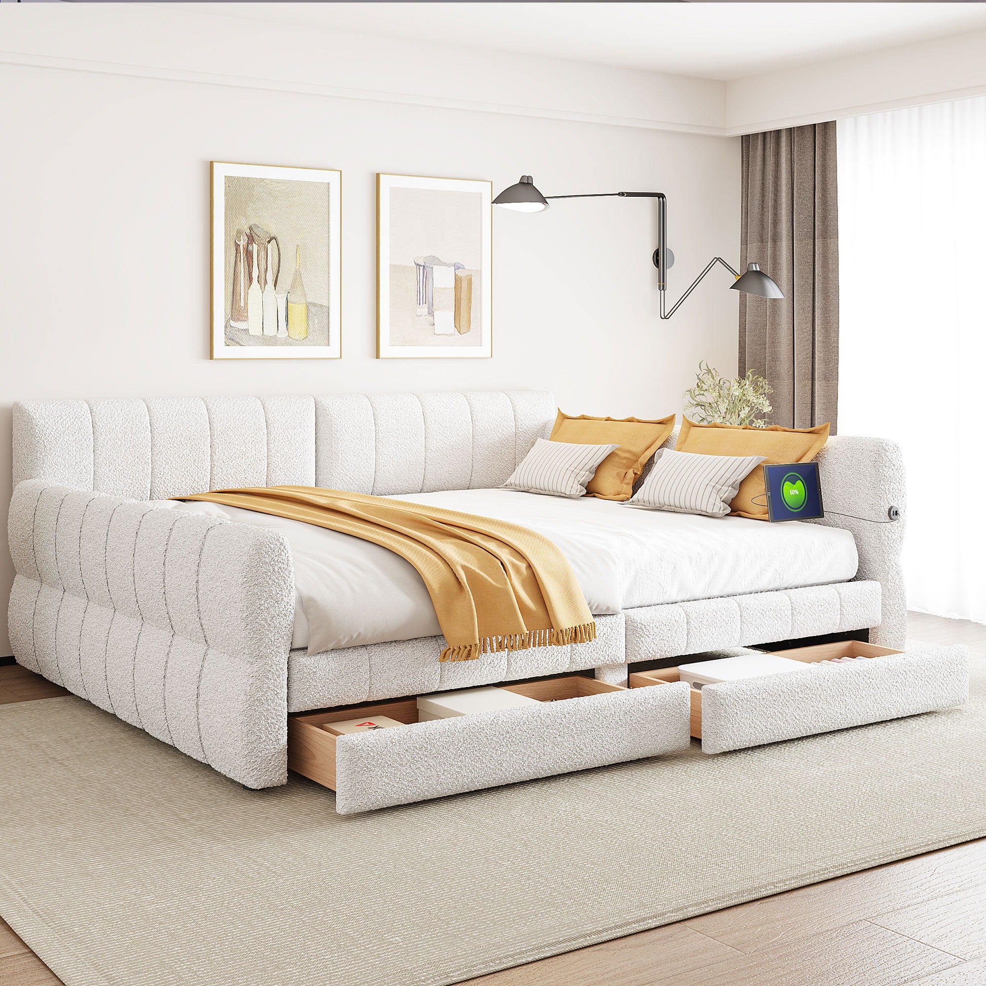 Upholstered Platform Bed With USB And 2 Drawers